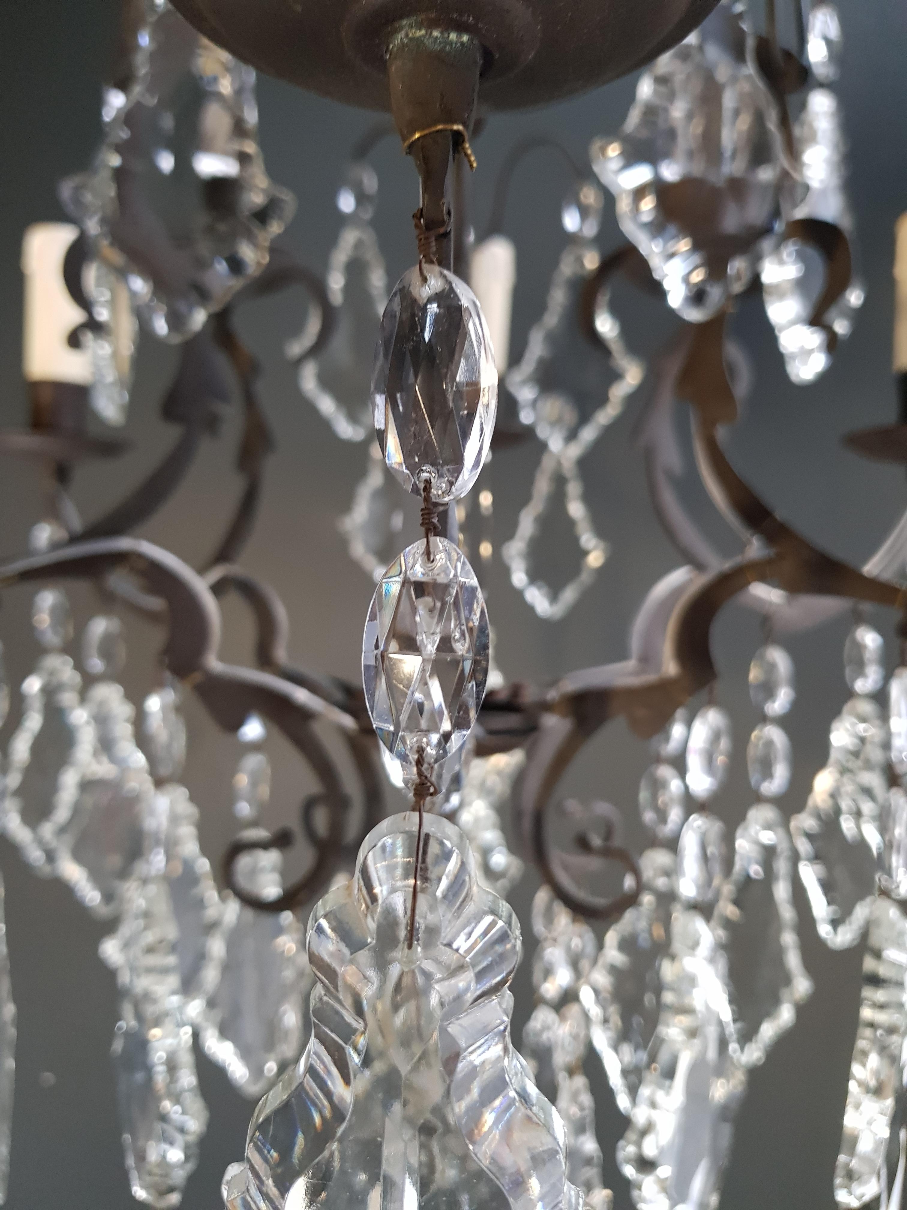French Crystal Chandelier Antique Ceiling Black Lustre Art Nouveau Lamp Brass  2