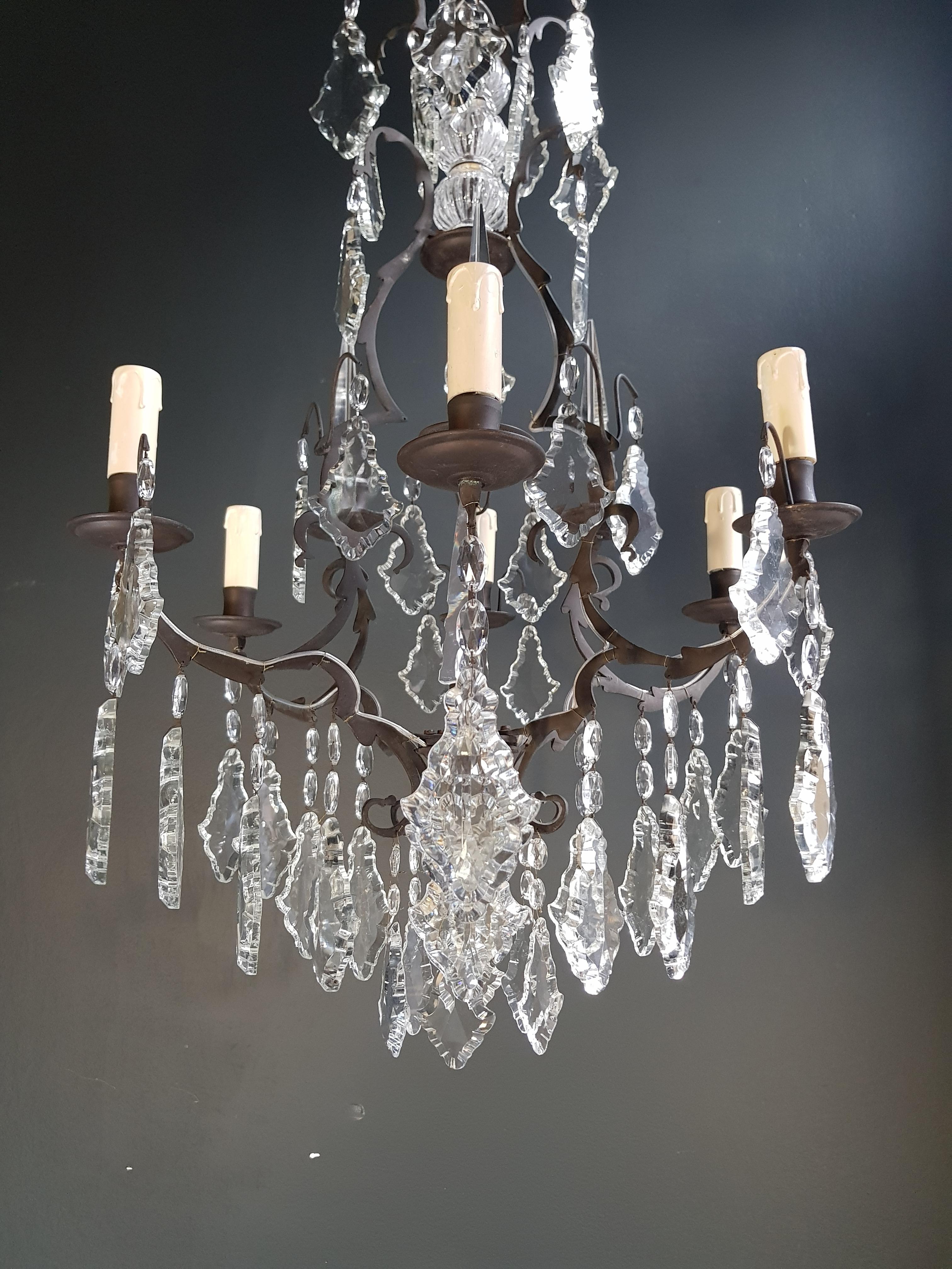 French Crystal Chandelier Antique Ceiling Black Lustre Art Nouveau Lamp Brass  3