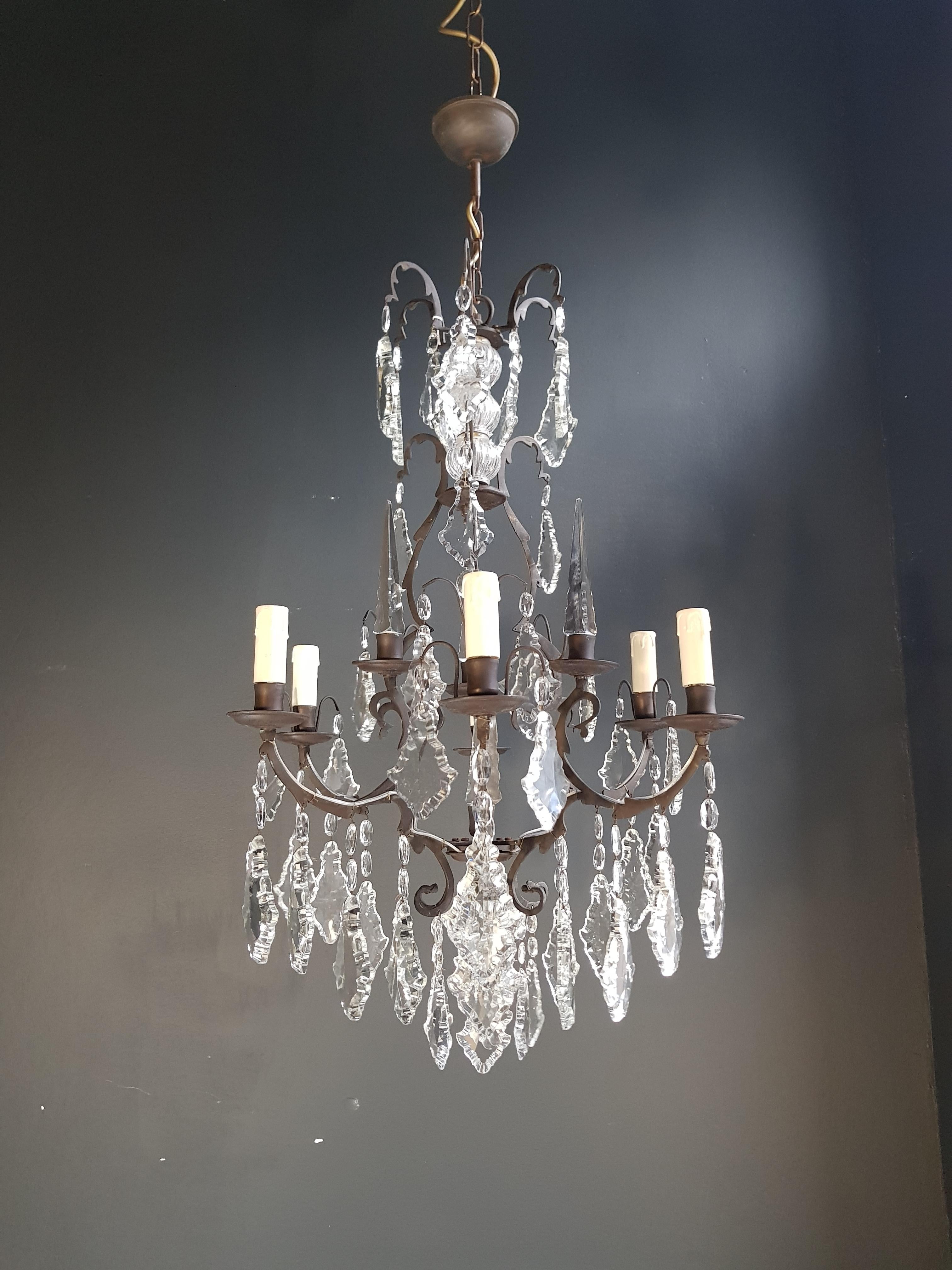 French Crystal Chandelier Antique Ceiling Black Lustre Art Nouveau Lamp Brass  4