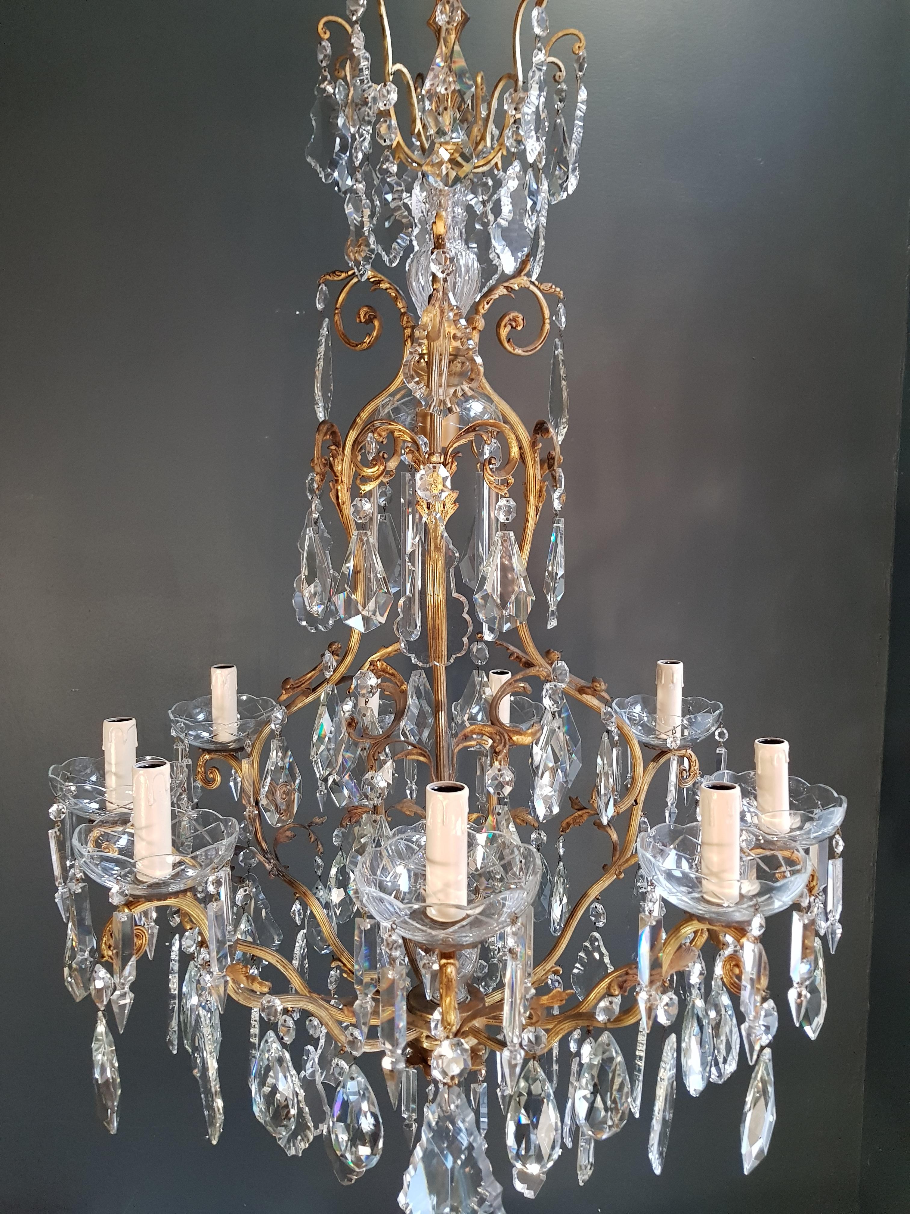 Hand-Crafted French Crystal Chandelier Antique Candelabrum Lustre Art Nouveau Rarity Brass