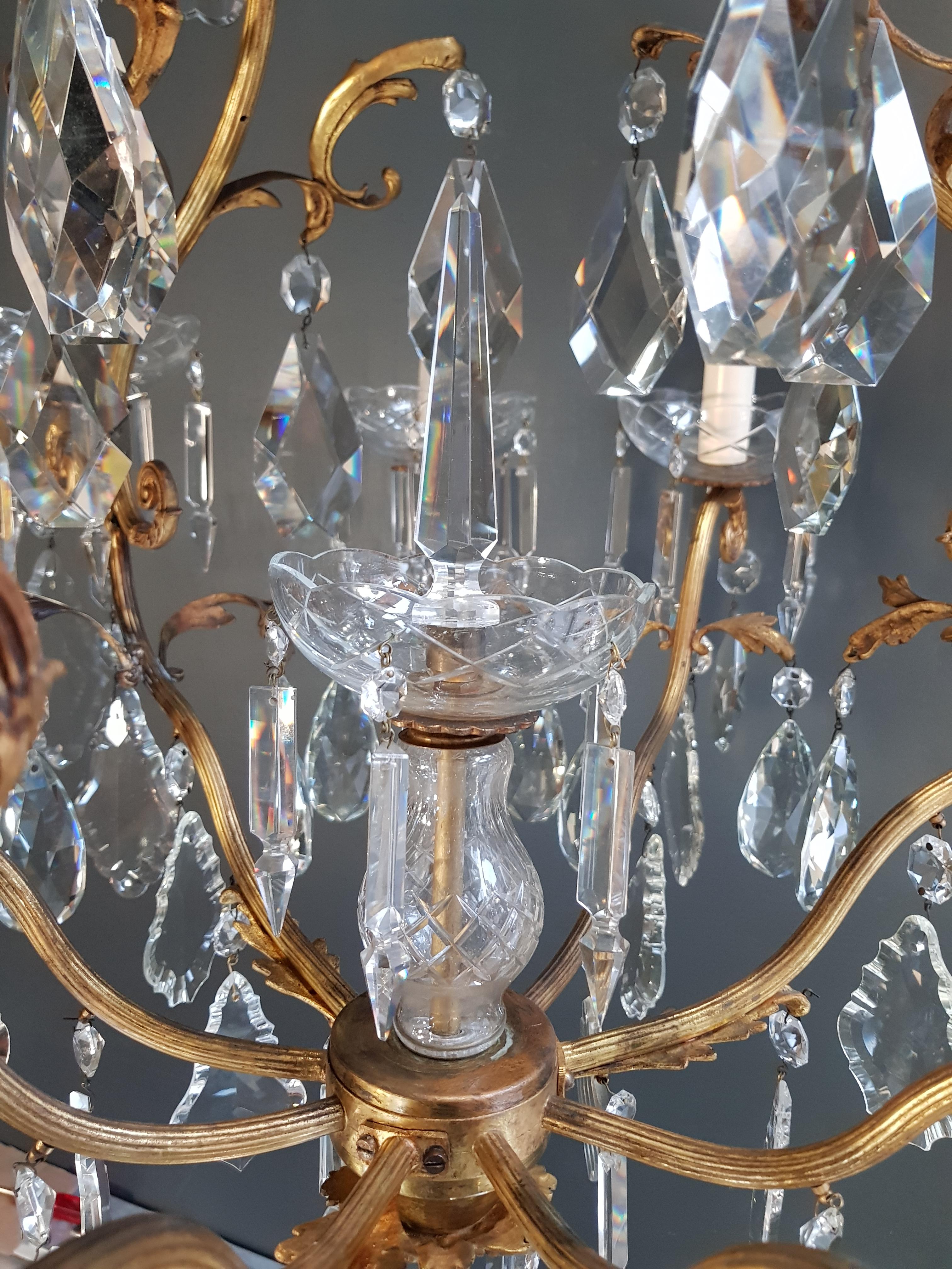 French Crystal Chandelier Antique Candelabrum Lustre Art Nouveau Rarity Brass In Good Condition In Berlin, DE