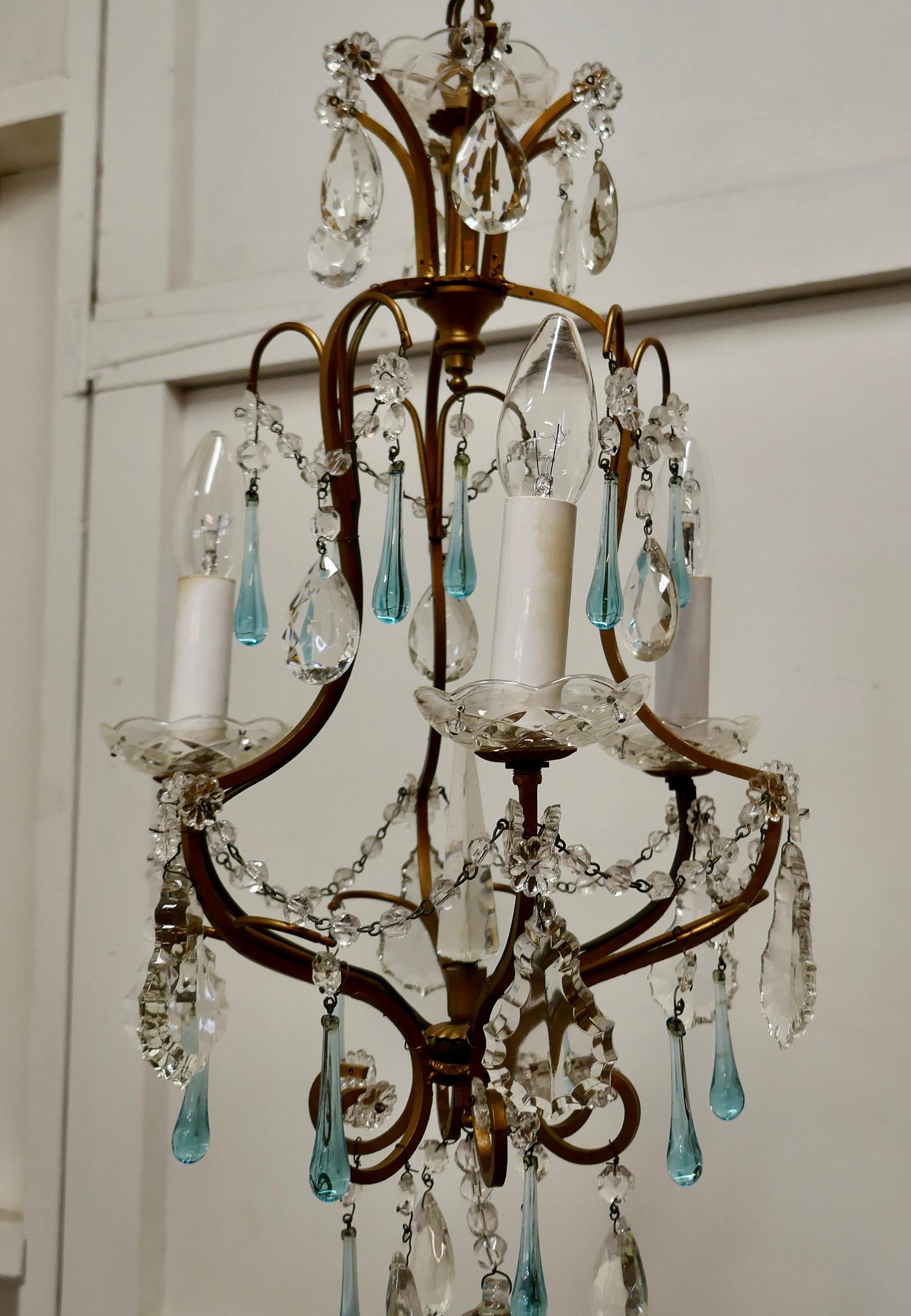 French Crystal Chandelier with Chains and Turquoise Drops    For Sale 6