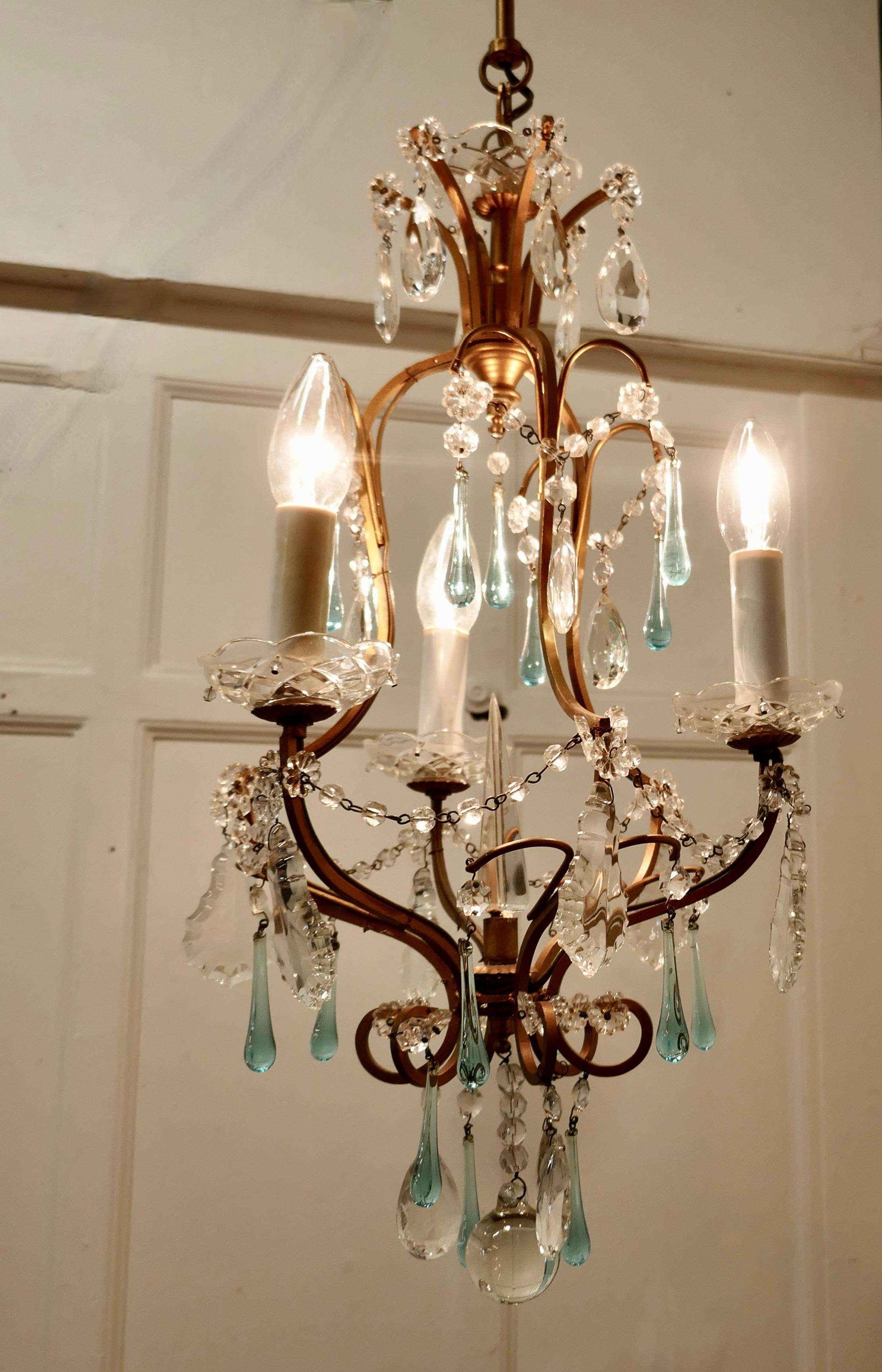 French Crystal Chandelier with Chains and Turquoise Drops    For Sale 3
