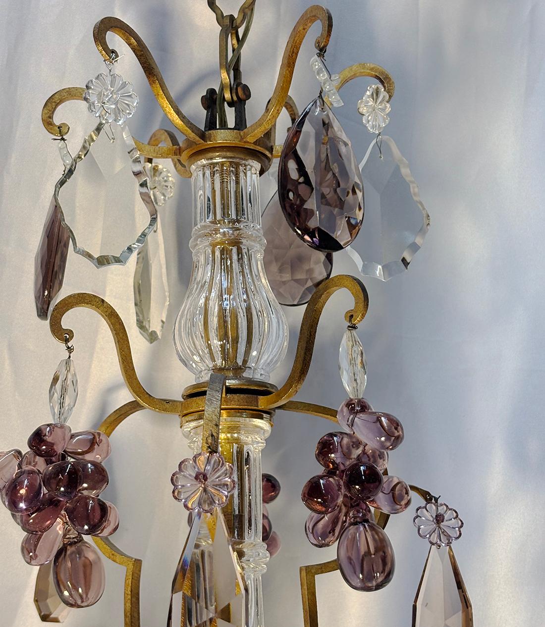 A circa 1950's French six-light chandelier with amethyst pendants and glass grapes.

Measurements:
Min Drop: 30