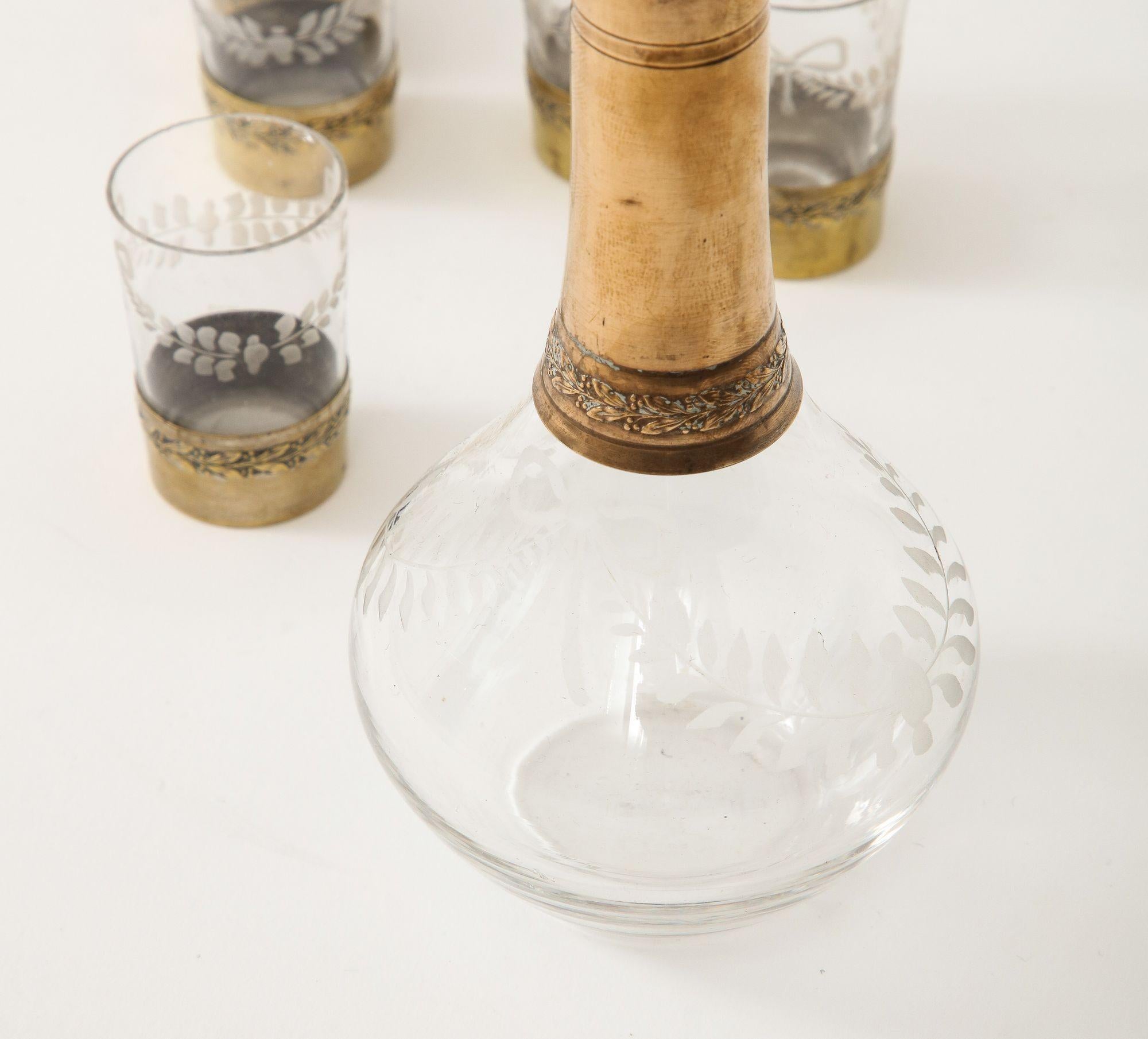 French Crystal Etched Liqueur Set and Glasses For Sale 3