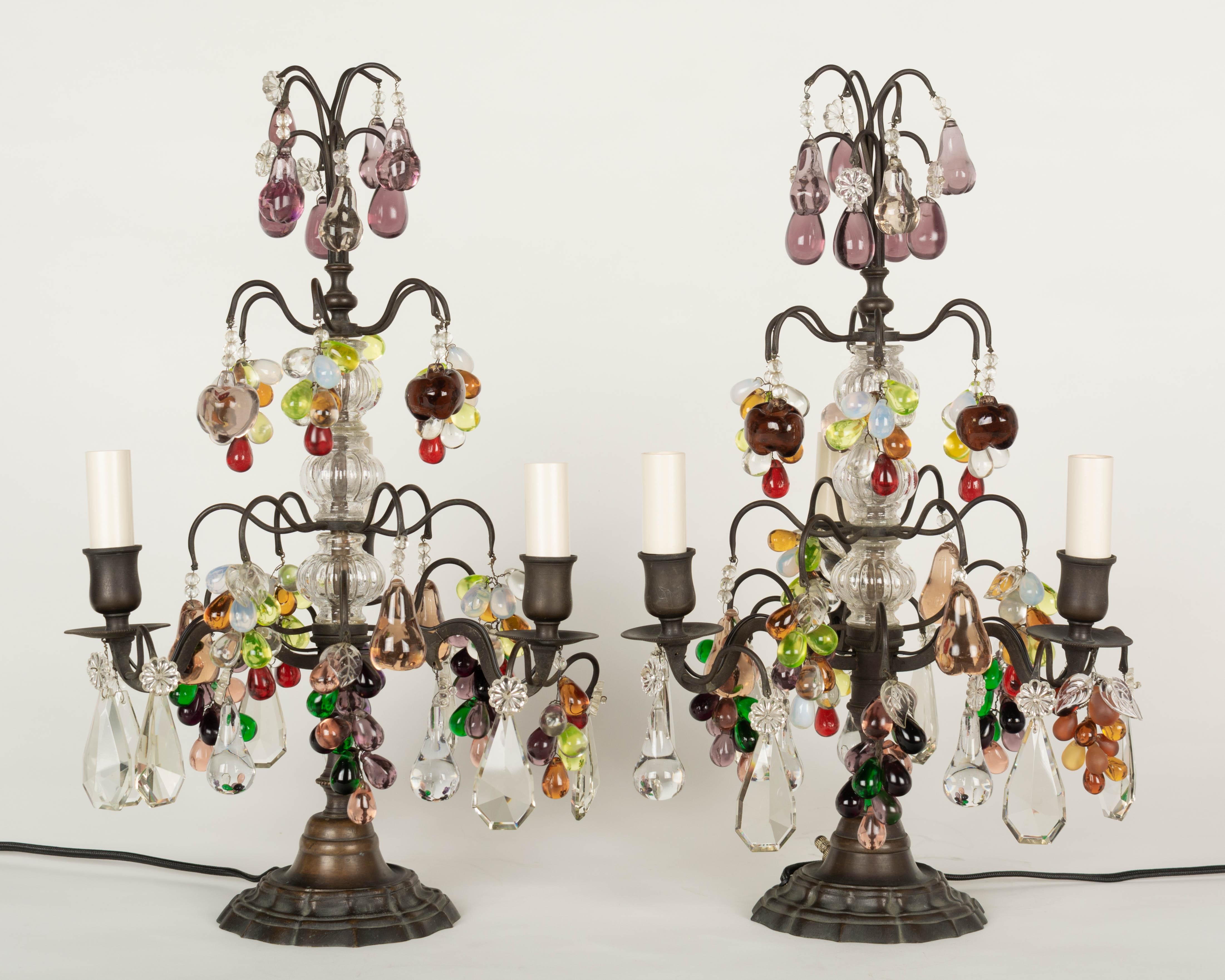 Louis XV French Crystal Girandoles with Glass Fruits, a Pair For Sale