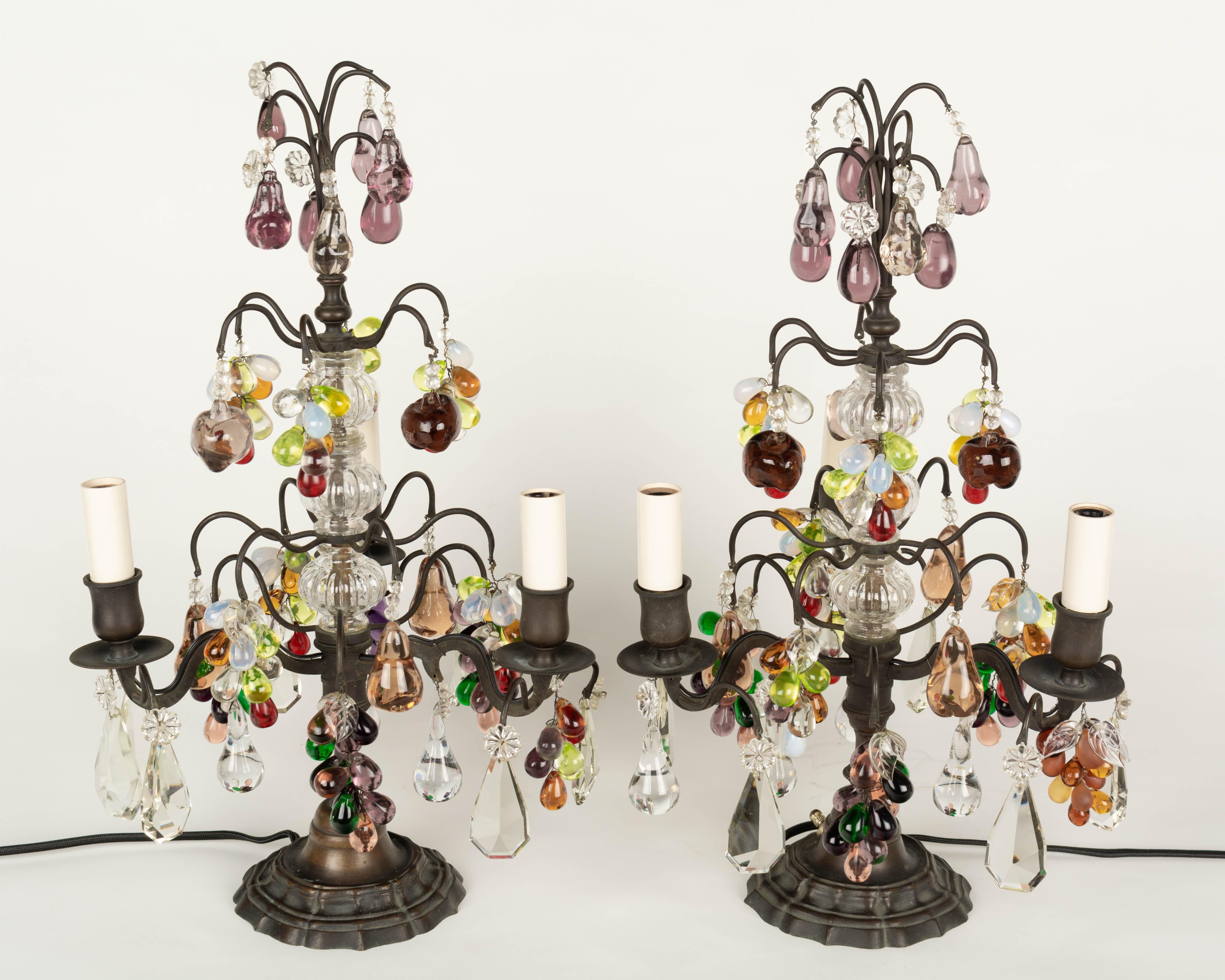 Cast French Crystal Girandoles with Glass Fruits, a Pair For Sale