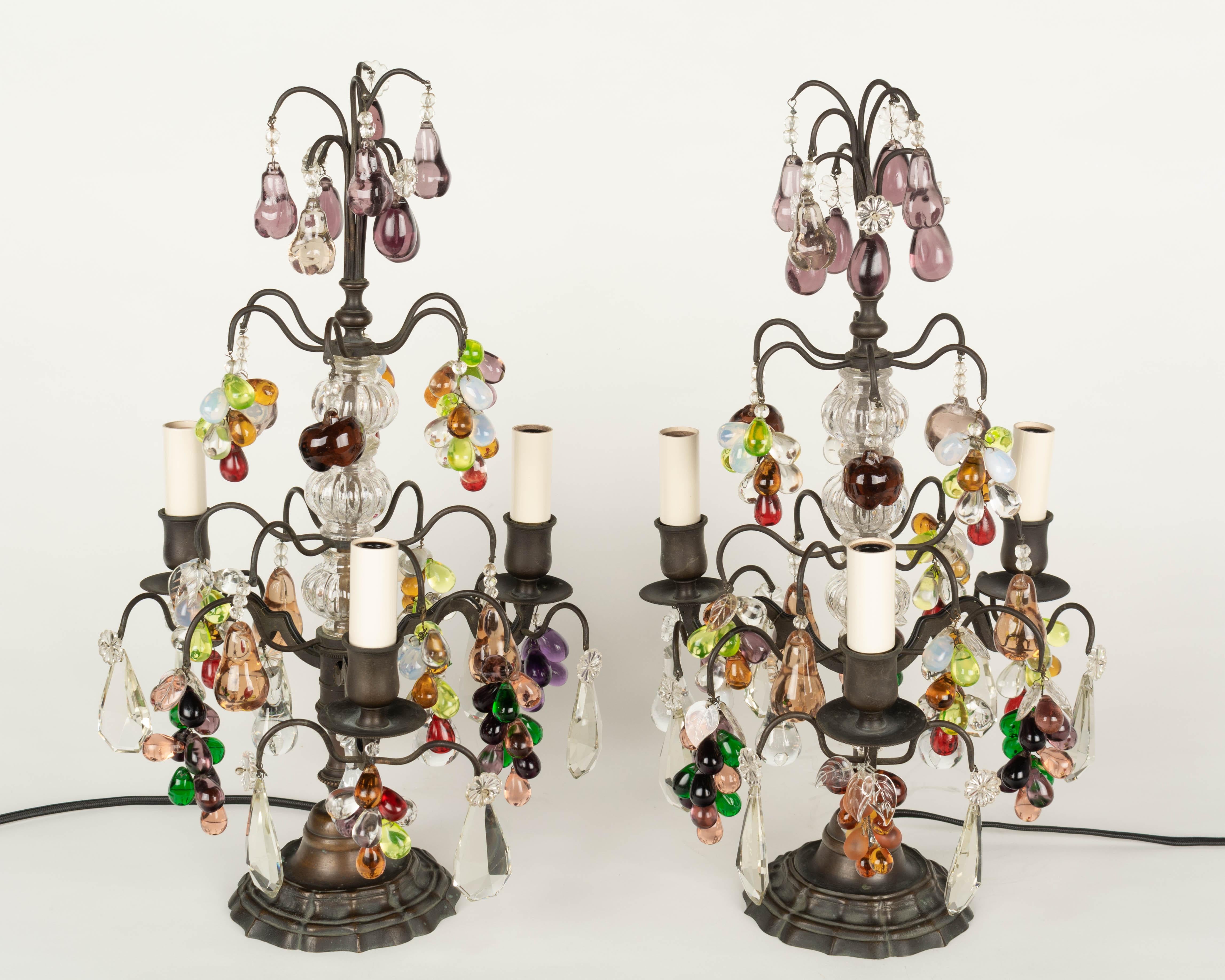 French Crystal Girandoles with Glass Fruits, a Pair In Good Condition For Sale In Winter Park, FL