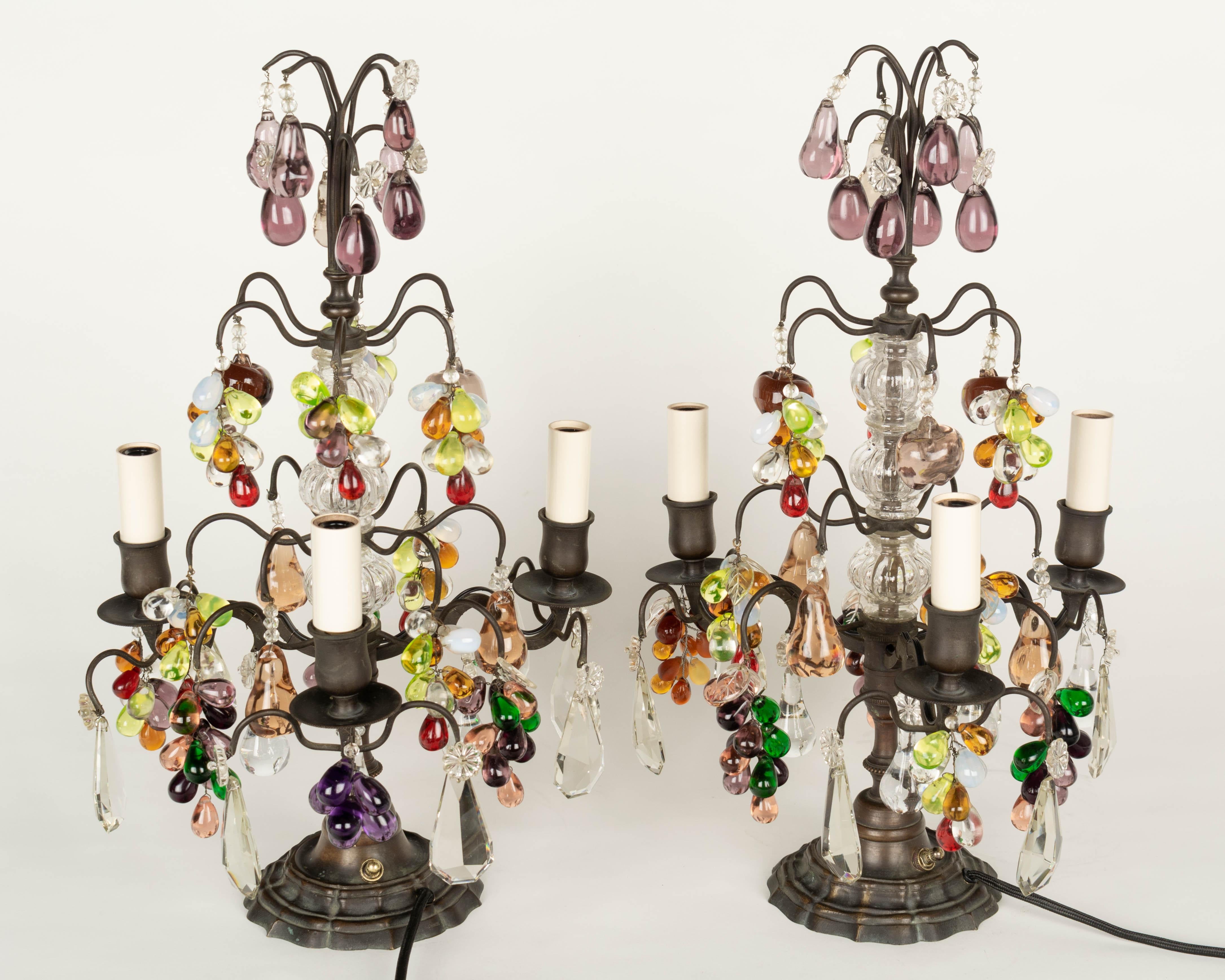 20th Century French Crystal Girandoles with Glass Fruits, a Pair For Sale