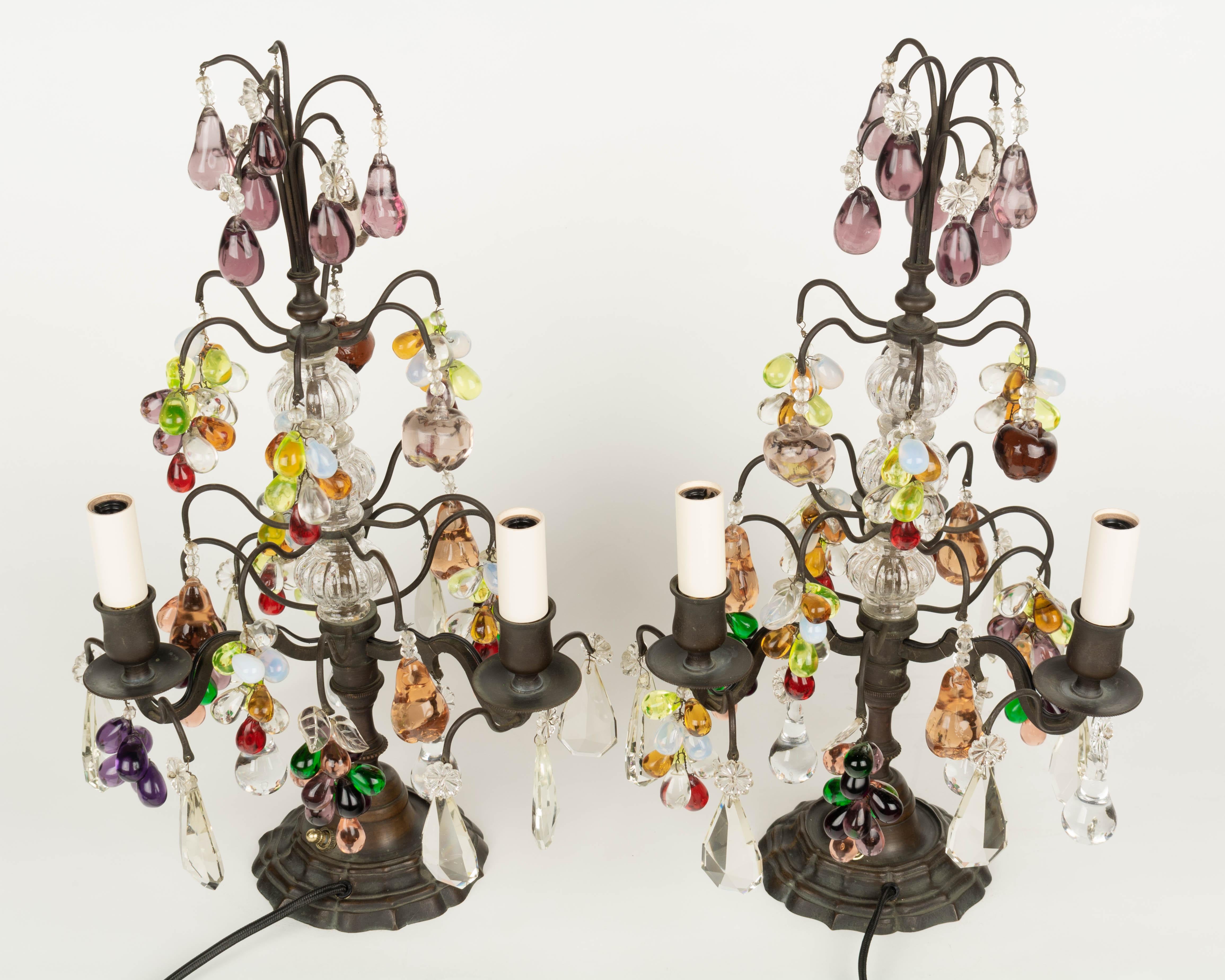 French Crystal Girandoles with Glass Fruits, a Pair For Sale 1