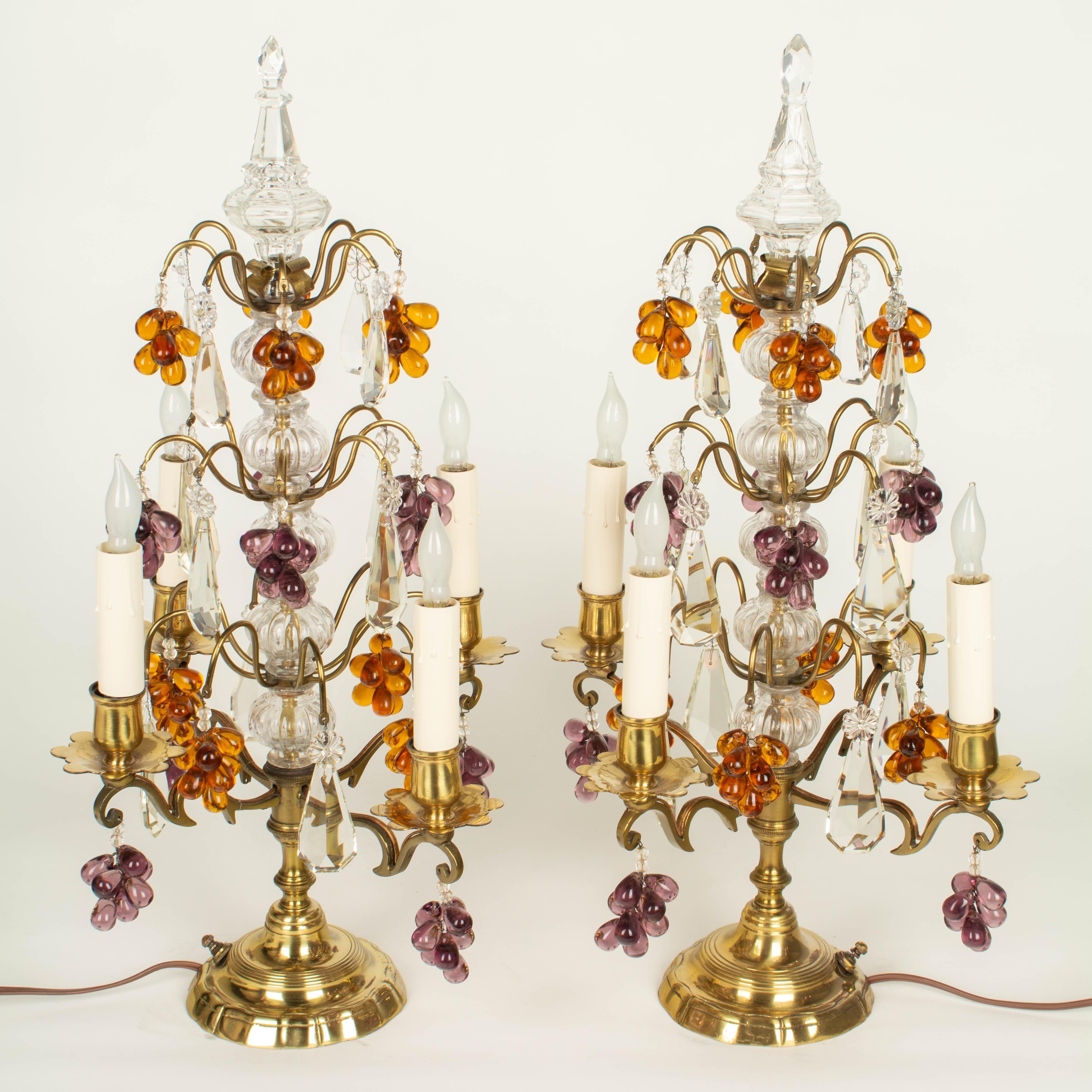 20th Century French Crystal Girandoles with Grape Clusters