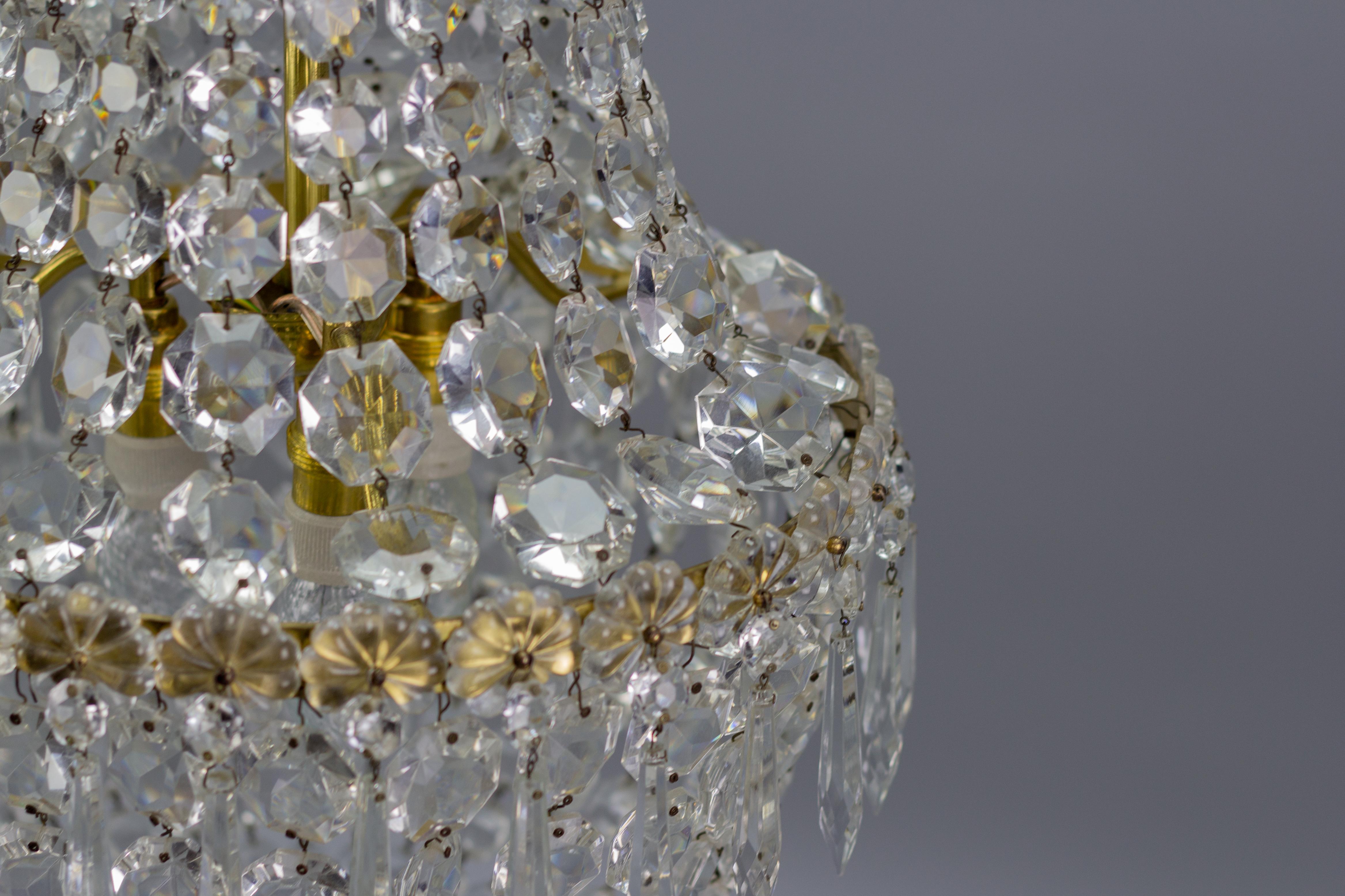 French Crystal Glass and Brass Three-Light Basket Chandelier 5