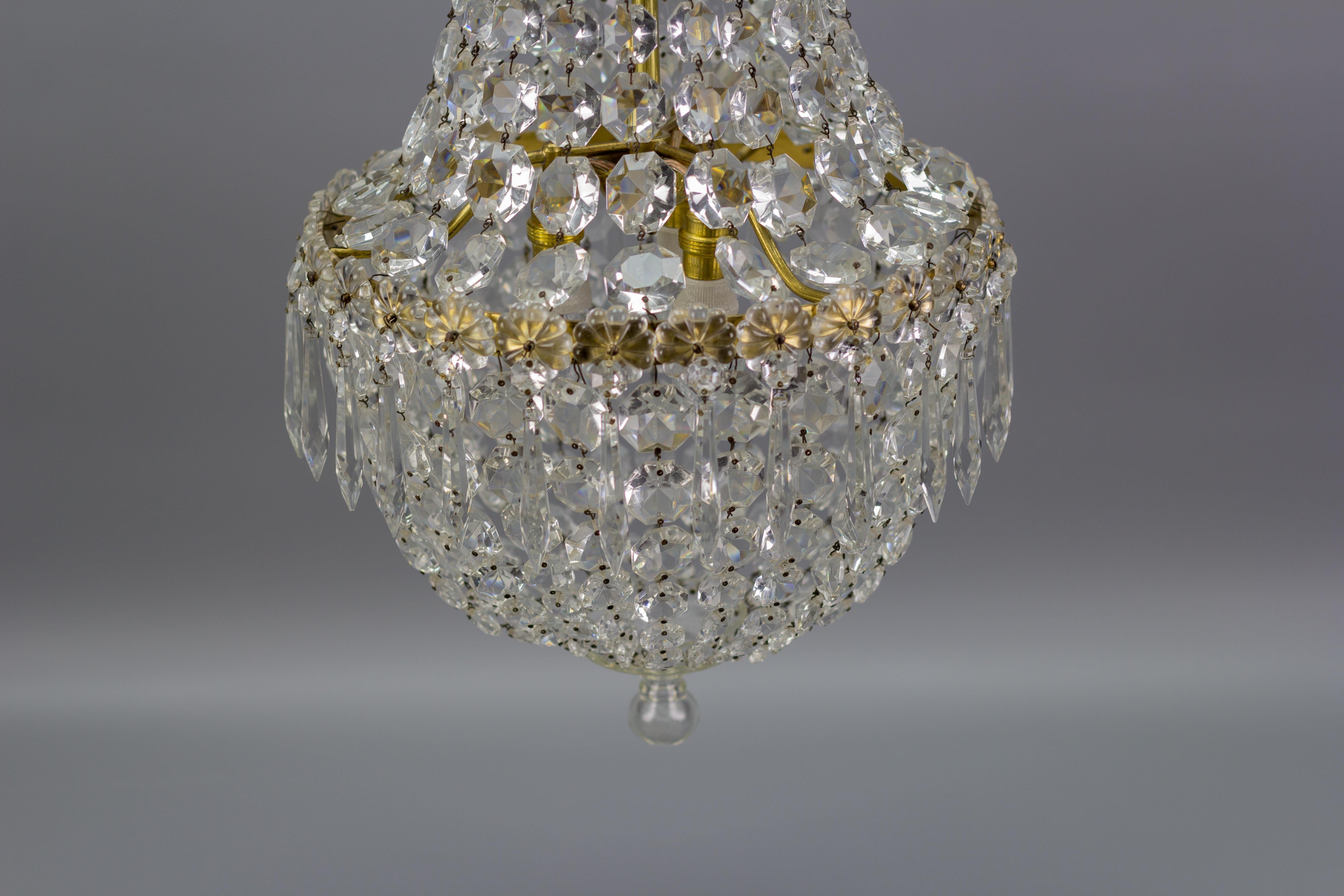 French Crystal Glass and Brass Three-Light Basket Chandelier 7