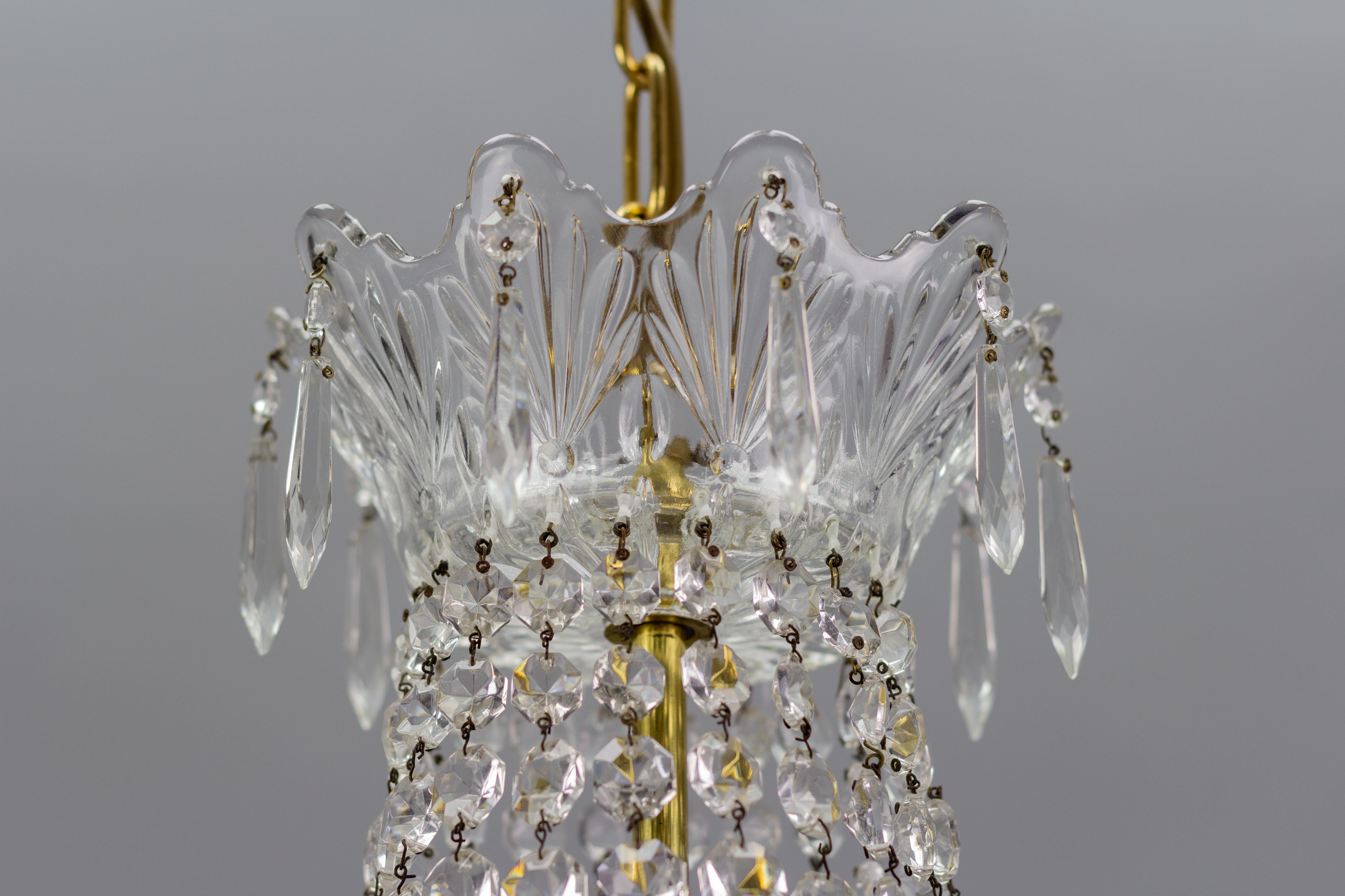 French Crystal Glass and Brass Three-Light Basket Chandelier 8