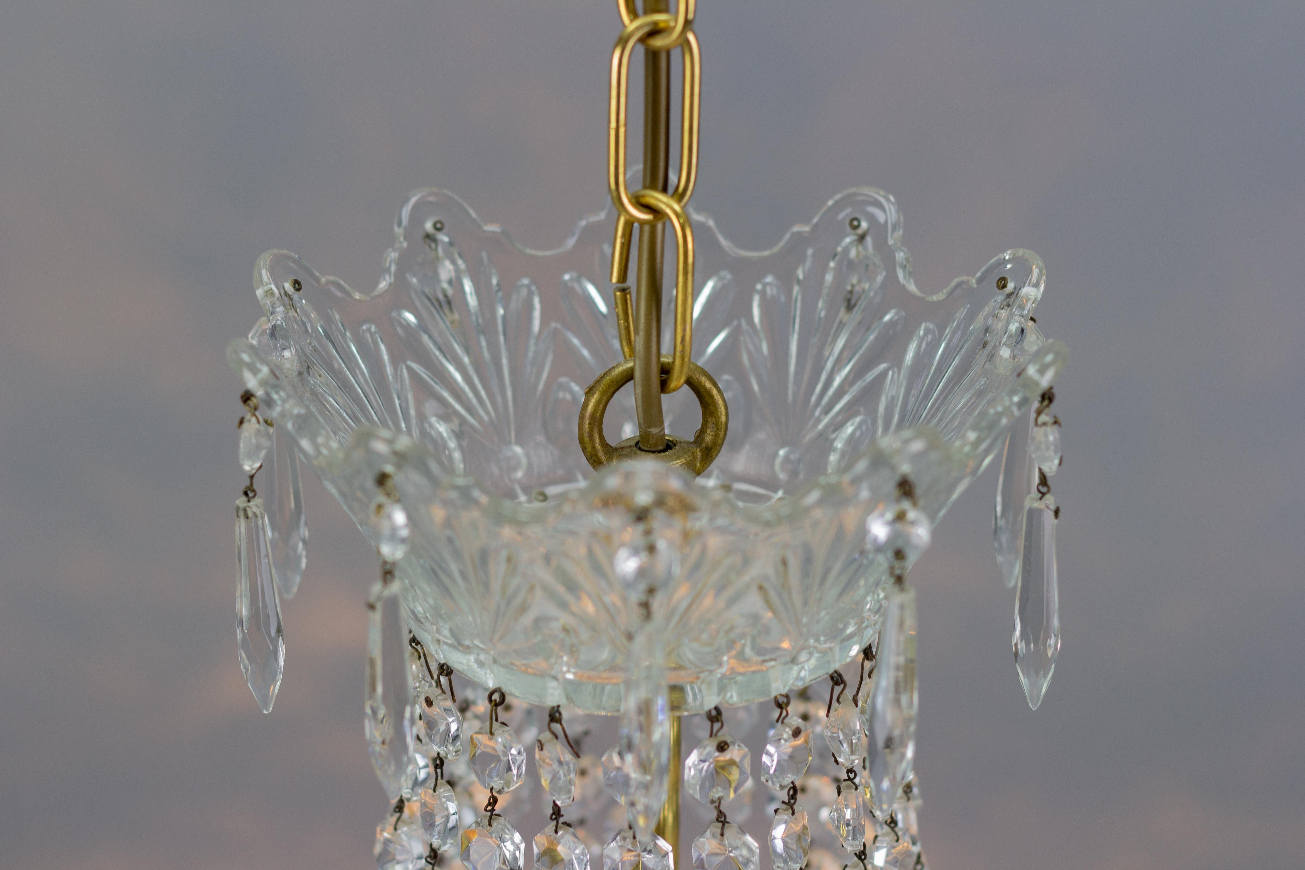 French Crystal Glass and Brass Three-Light Basket Chandelier 9