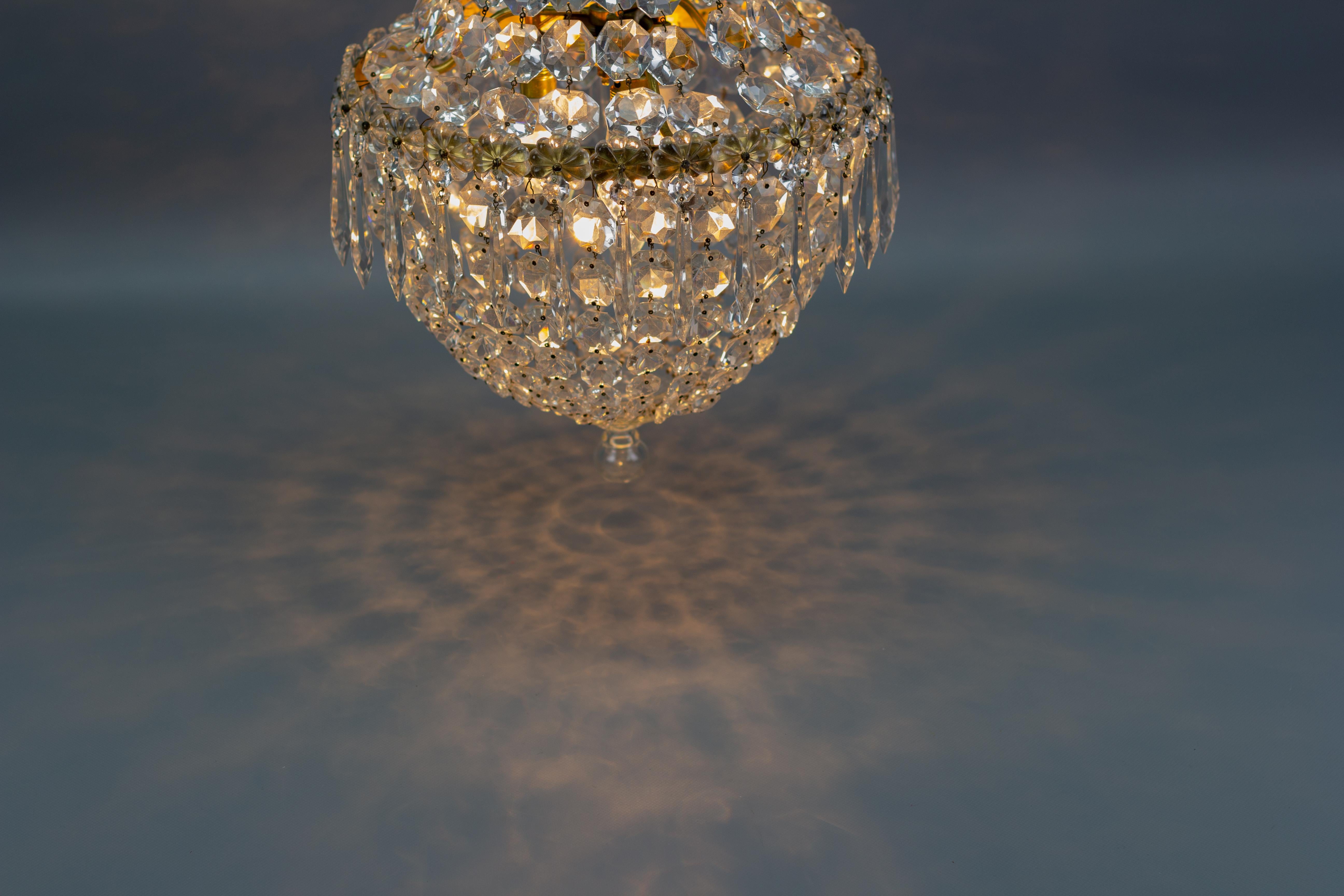 French Crystal Glass and Brass Three-Light Basket Chandelier 12