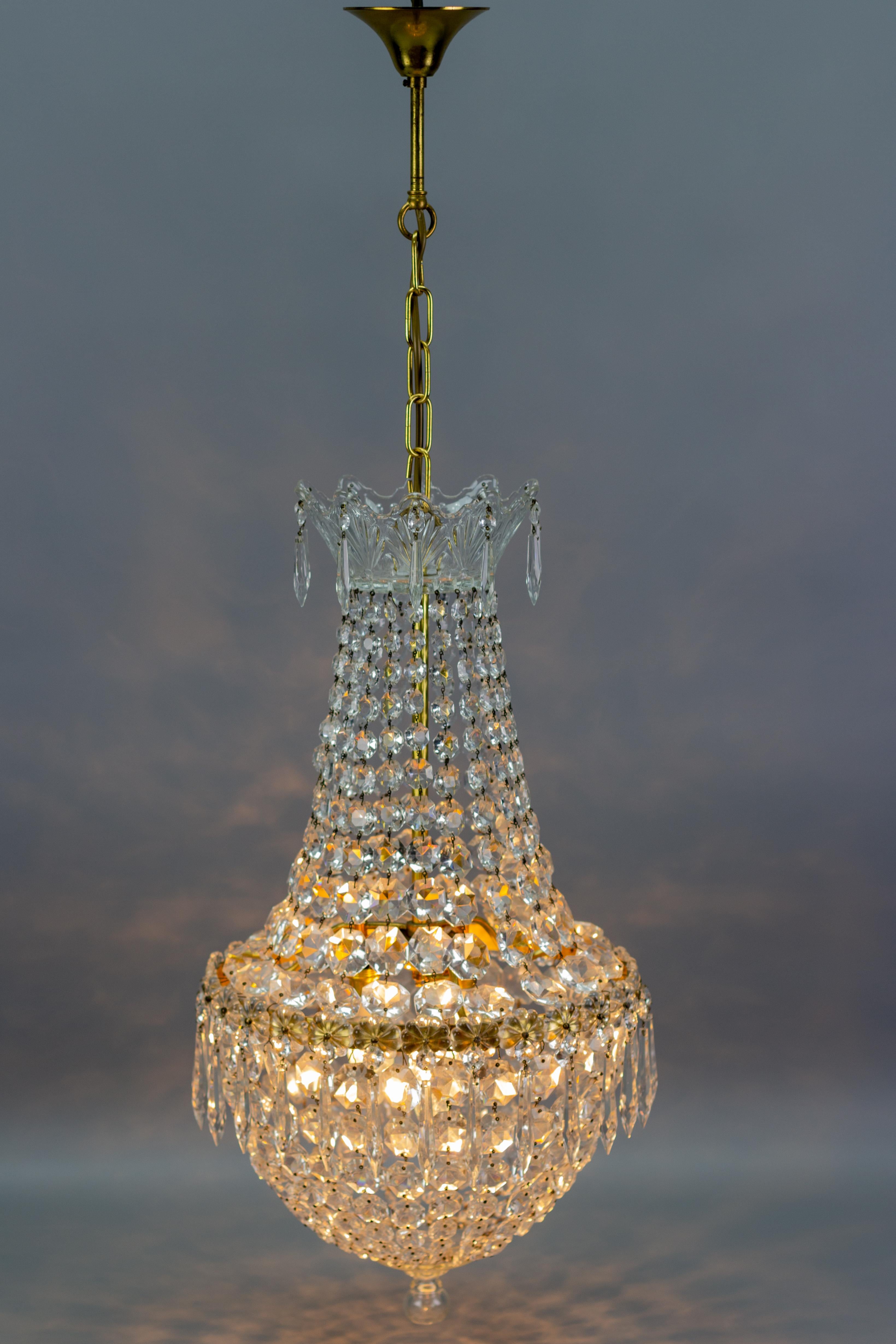 French Crystal Glass and Brass Three-Light Basket Chandelier 13
