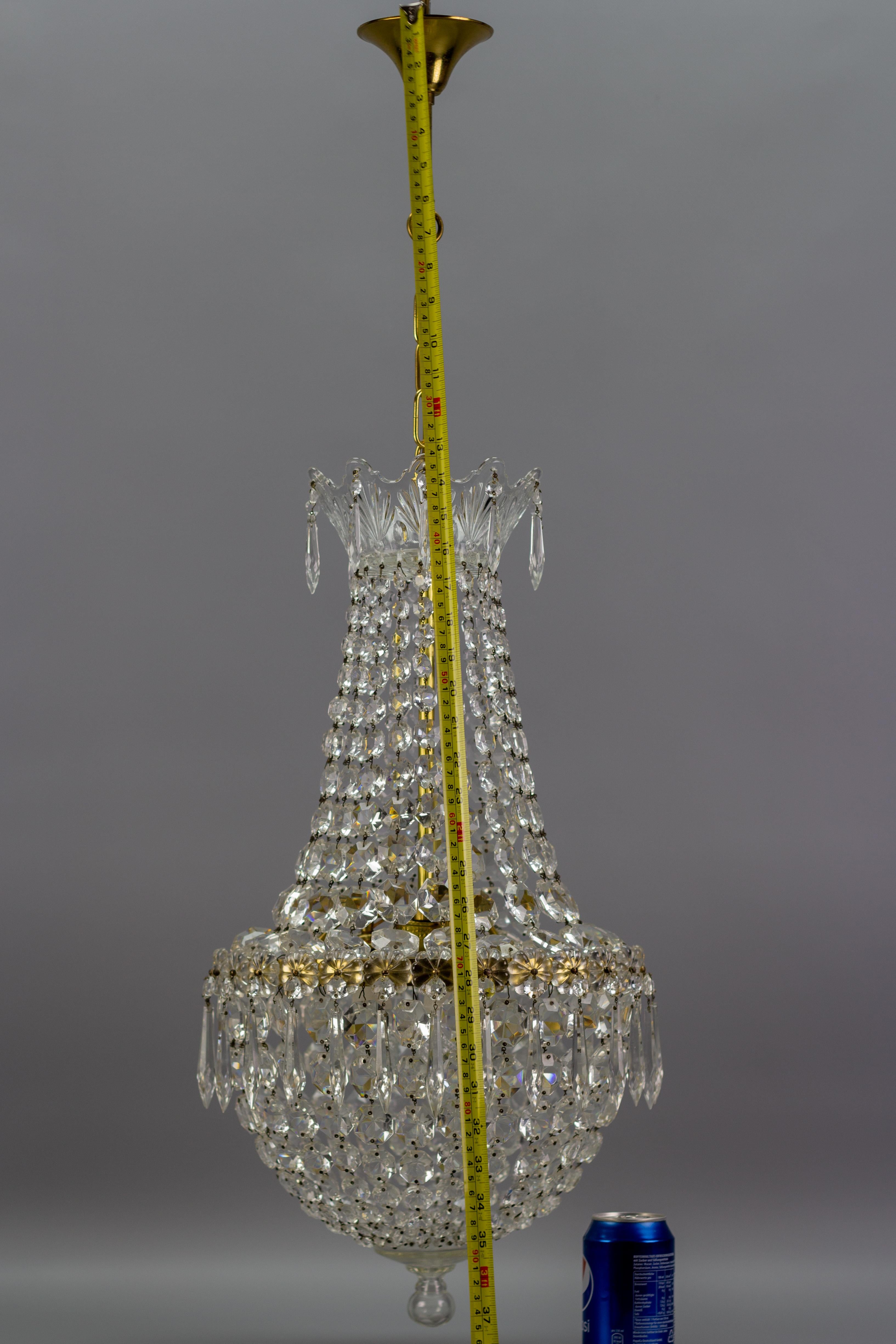 French Crystal Glass and Brass Three-Light Basket Chandelier 14