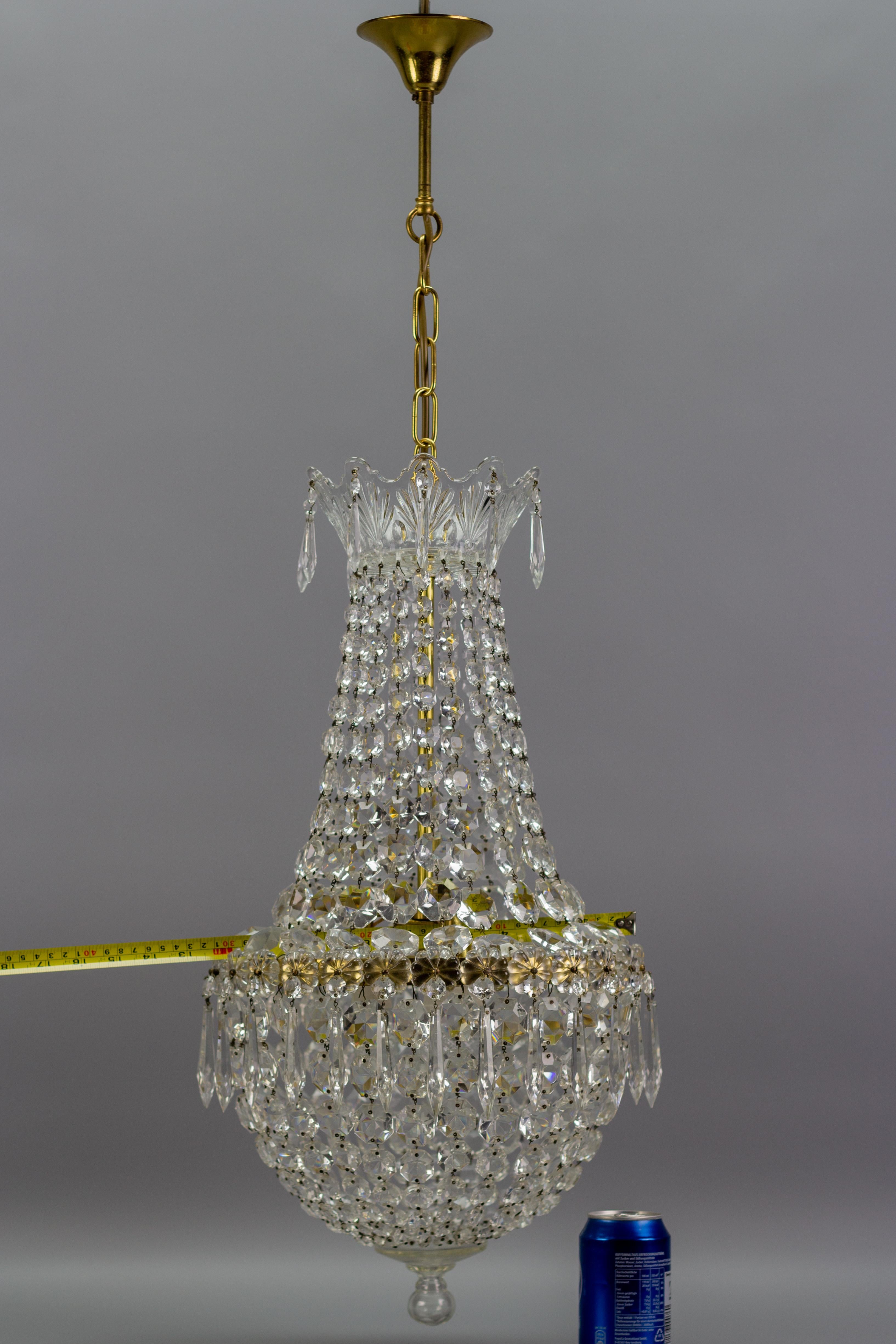 French Crystal Glass and Brass Three-Light Basket Chandelier 15