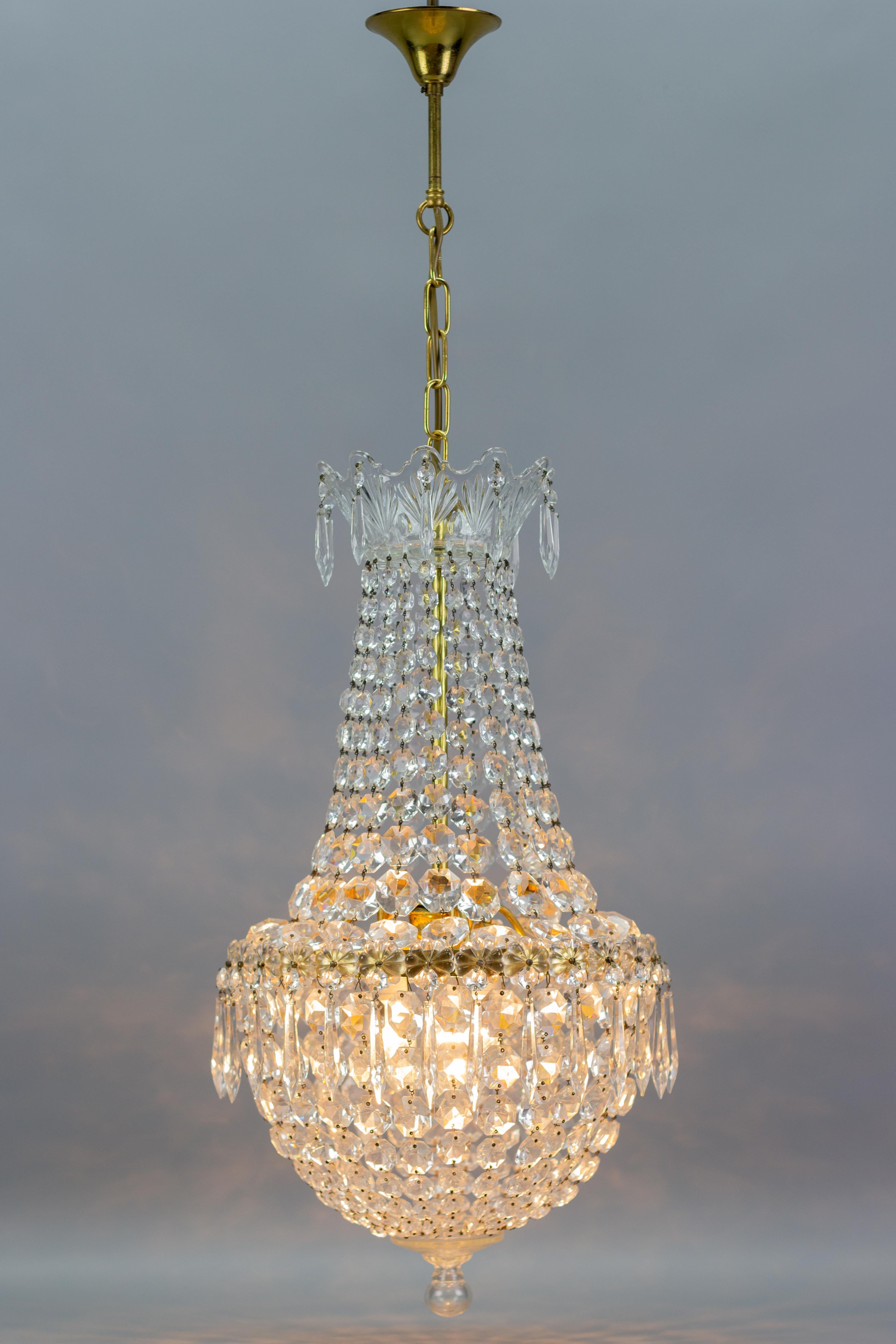 Hollywood Regency French Crystal Glass and Brass Three-Light Basket Chandelier