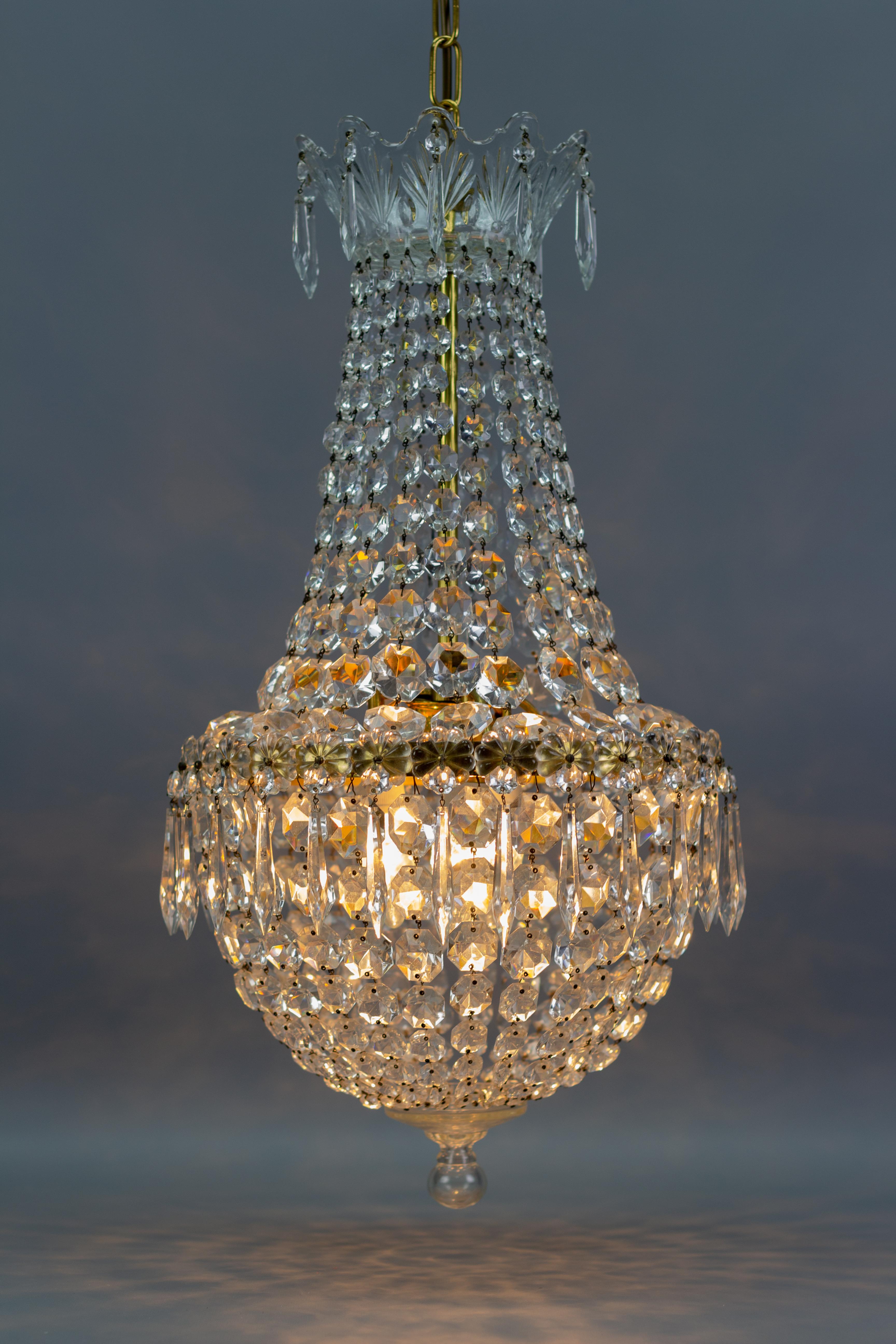 Mid-20th Century French Crystal Glass and Brass Three-Light Basket Chandelier