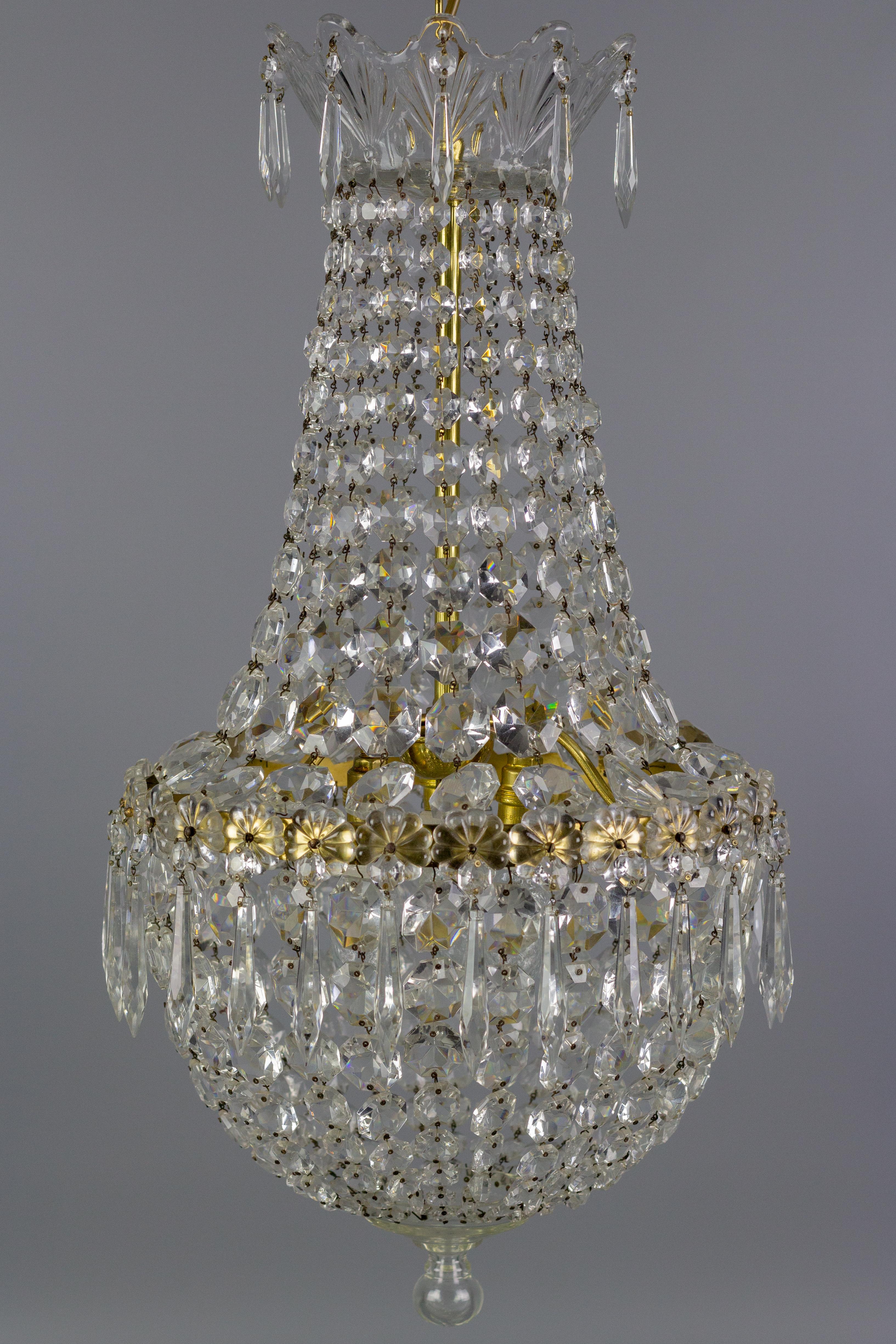 French Crystal Glass and Brass Three-Light Basket Chandelier 1