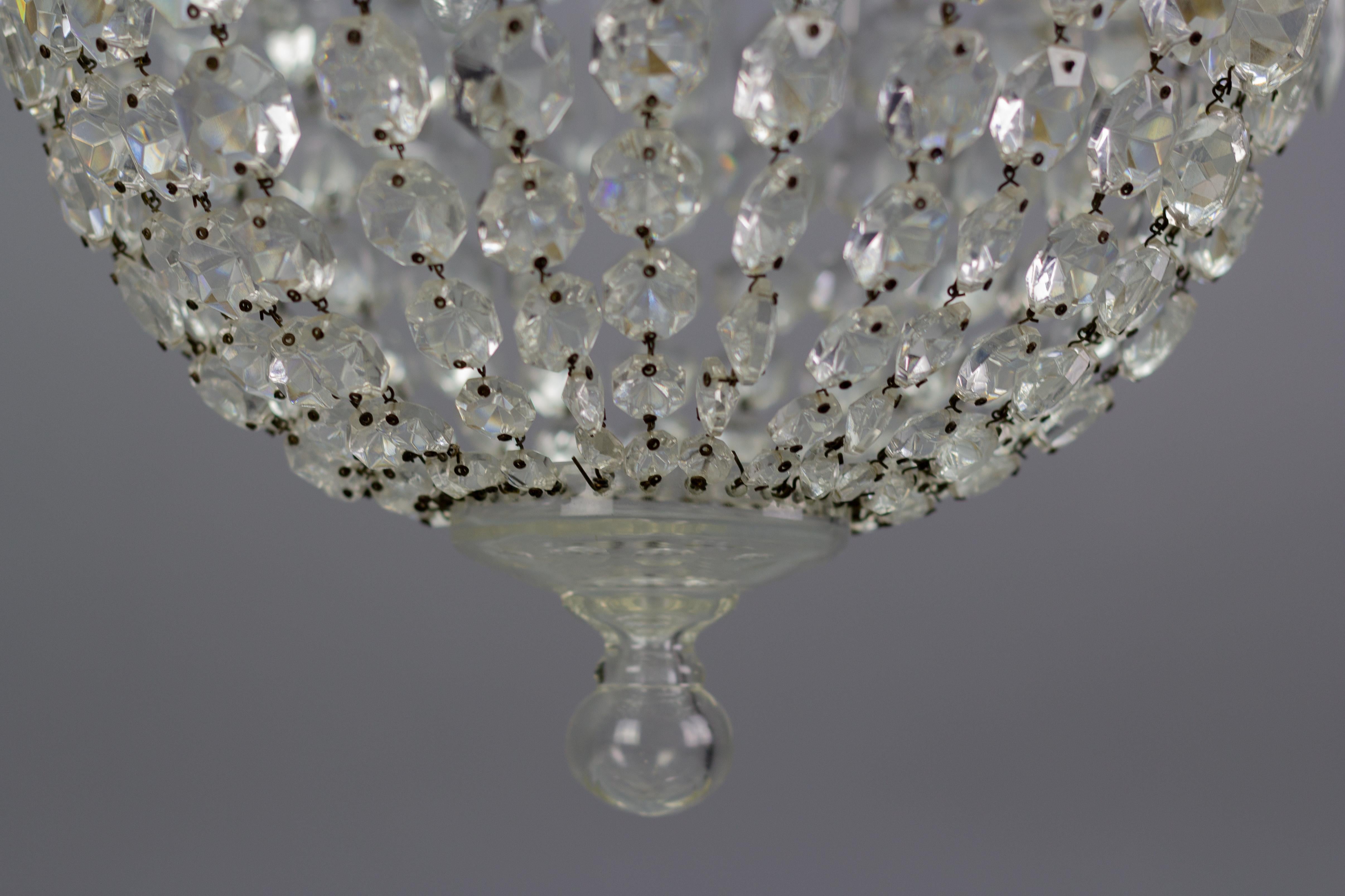 French Crystal Glass and Brass Three-Light Basket Chandelier 2