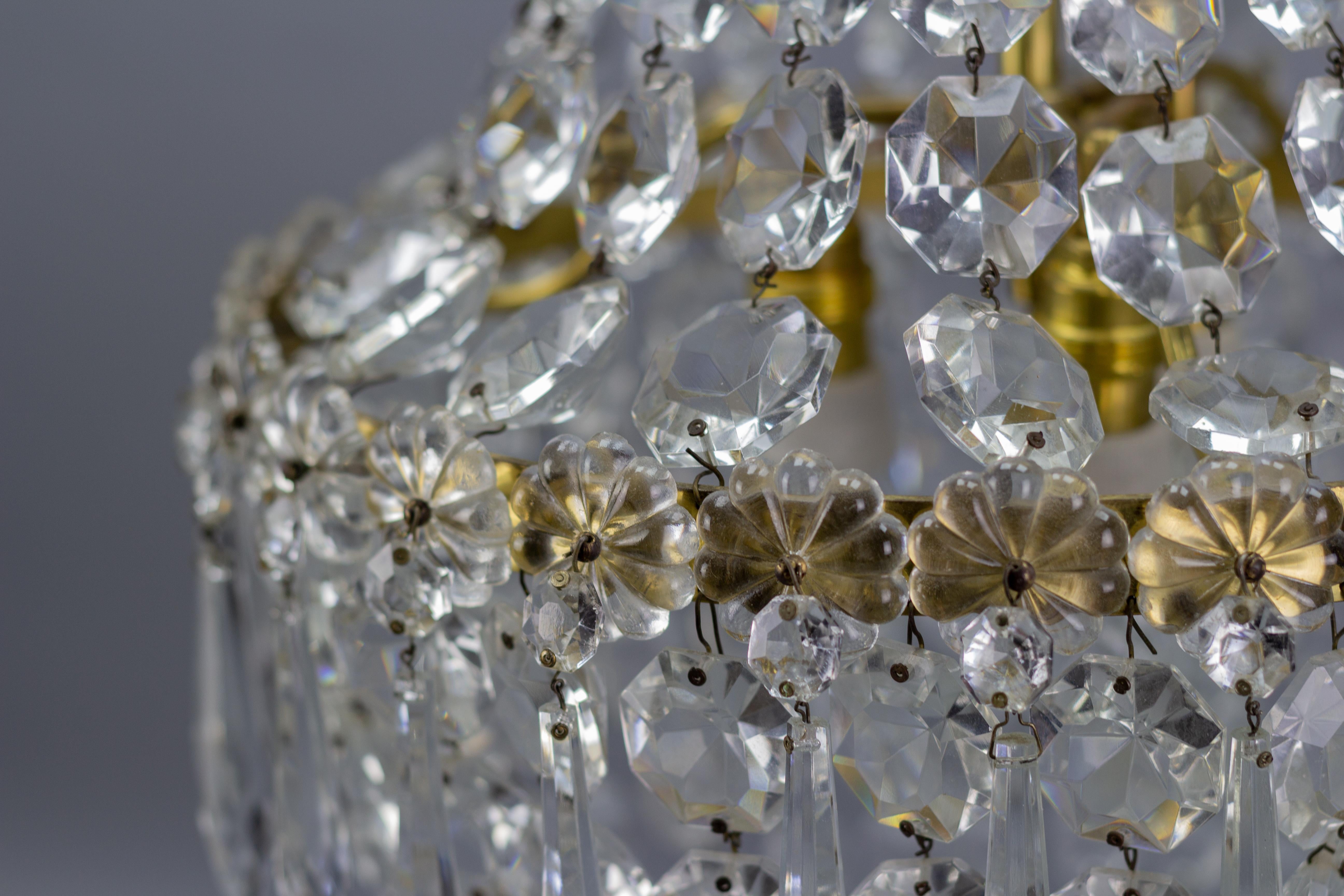 French Crystal Glass and Brass Three-Light Basket Chandelier 4