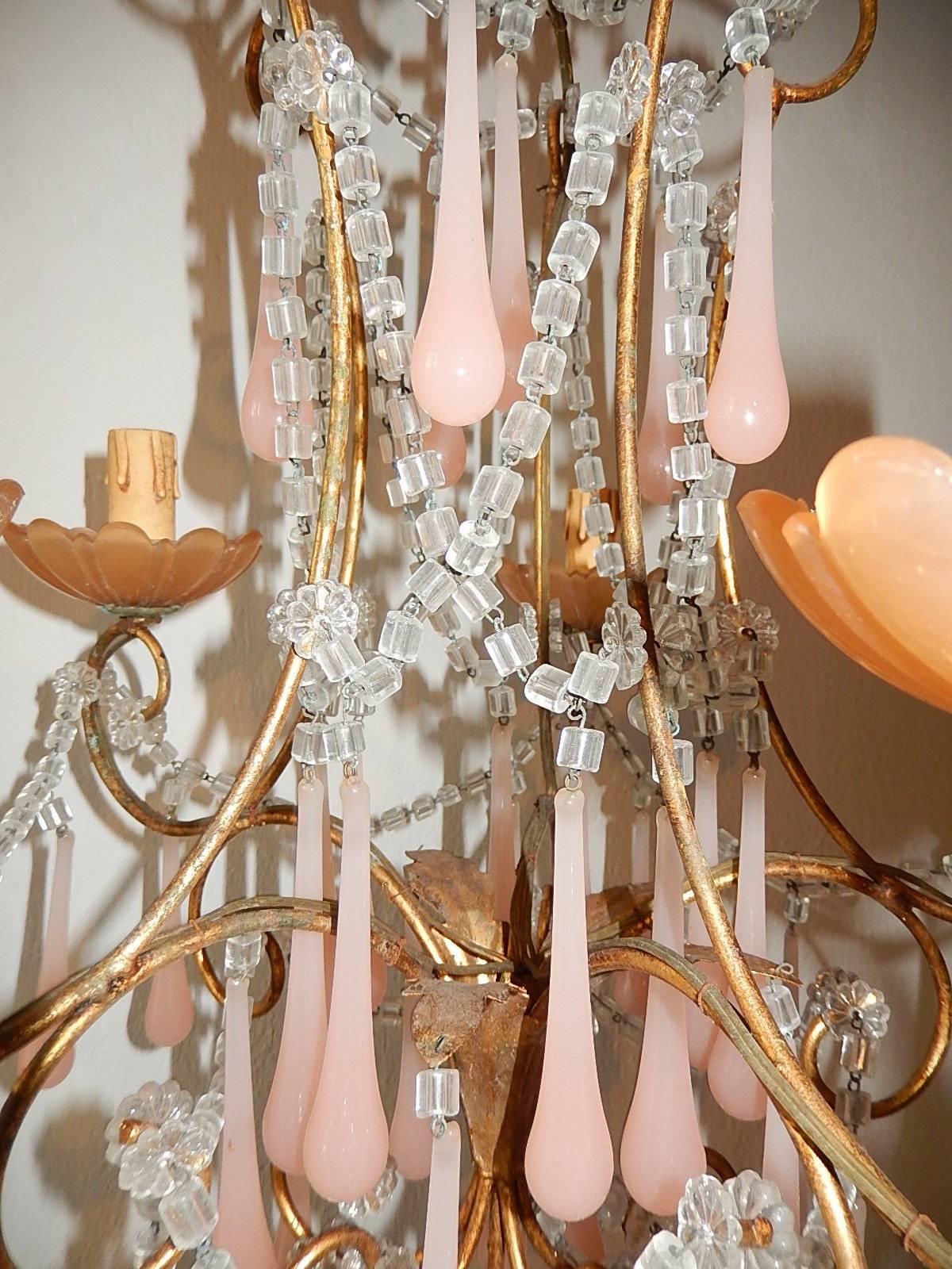 Early 20th Century French Crystal Pink Bubble Gum Opaline Drops Bobeches and Beads Chandelier