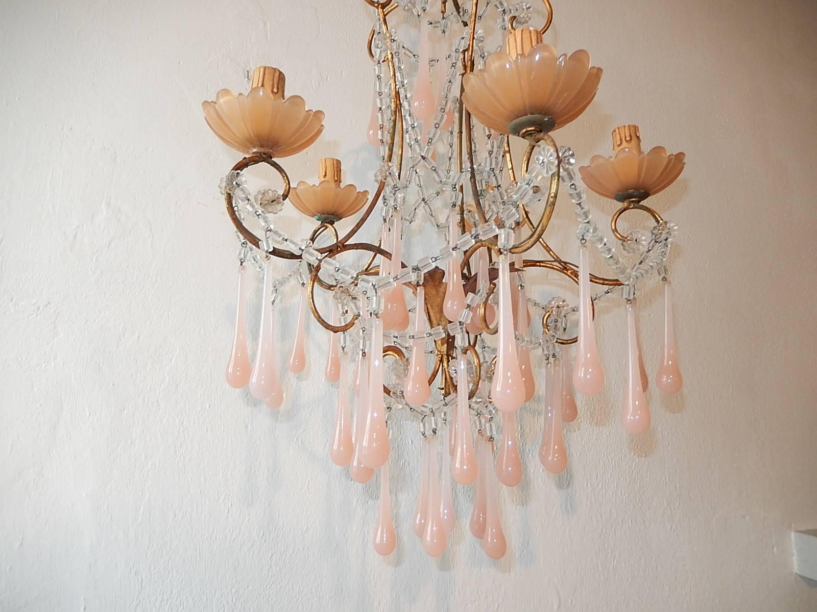 French Crystal Pink Bubble Gum Opaline Drops Bobeches and Beads Chandelier 1