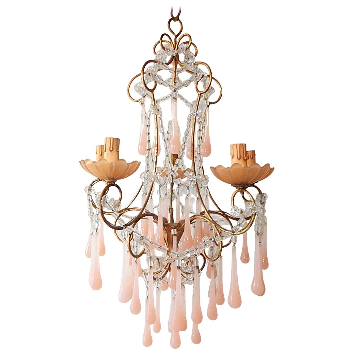 French Crystal Pink Bubble Gum Opaline Drops Bobeches and Beads Chandelier