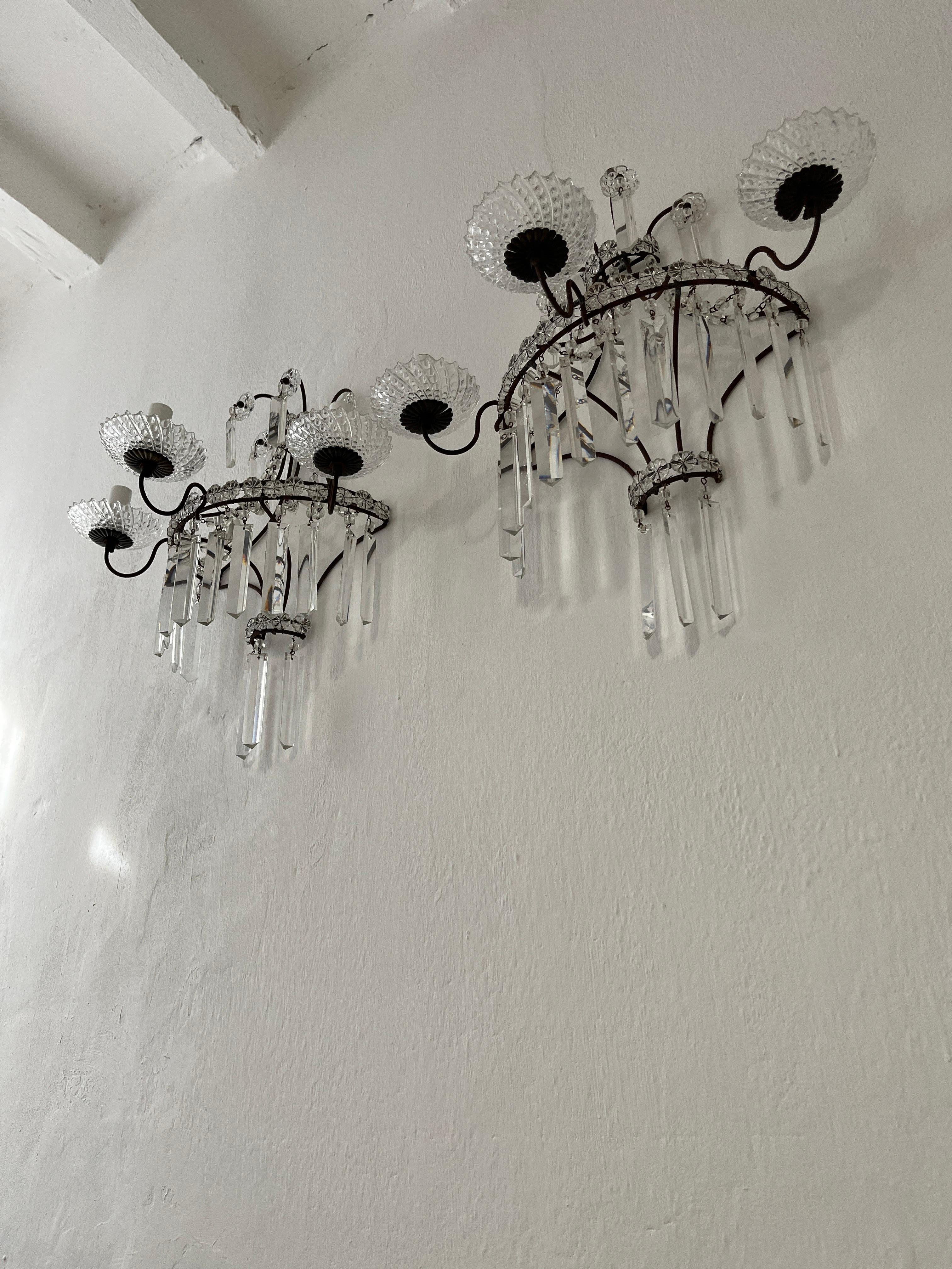 French Crystal Prisms 3 Light Extremely Old and Stunning Sconces c 1900 In Good Condition For Sale In Modena (MO), Modena (Mo)
