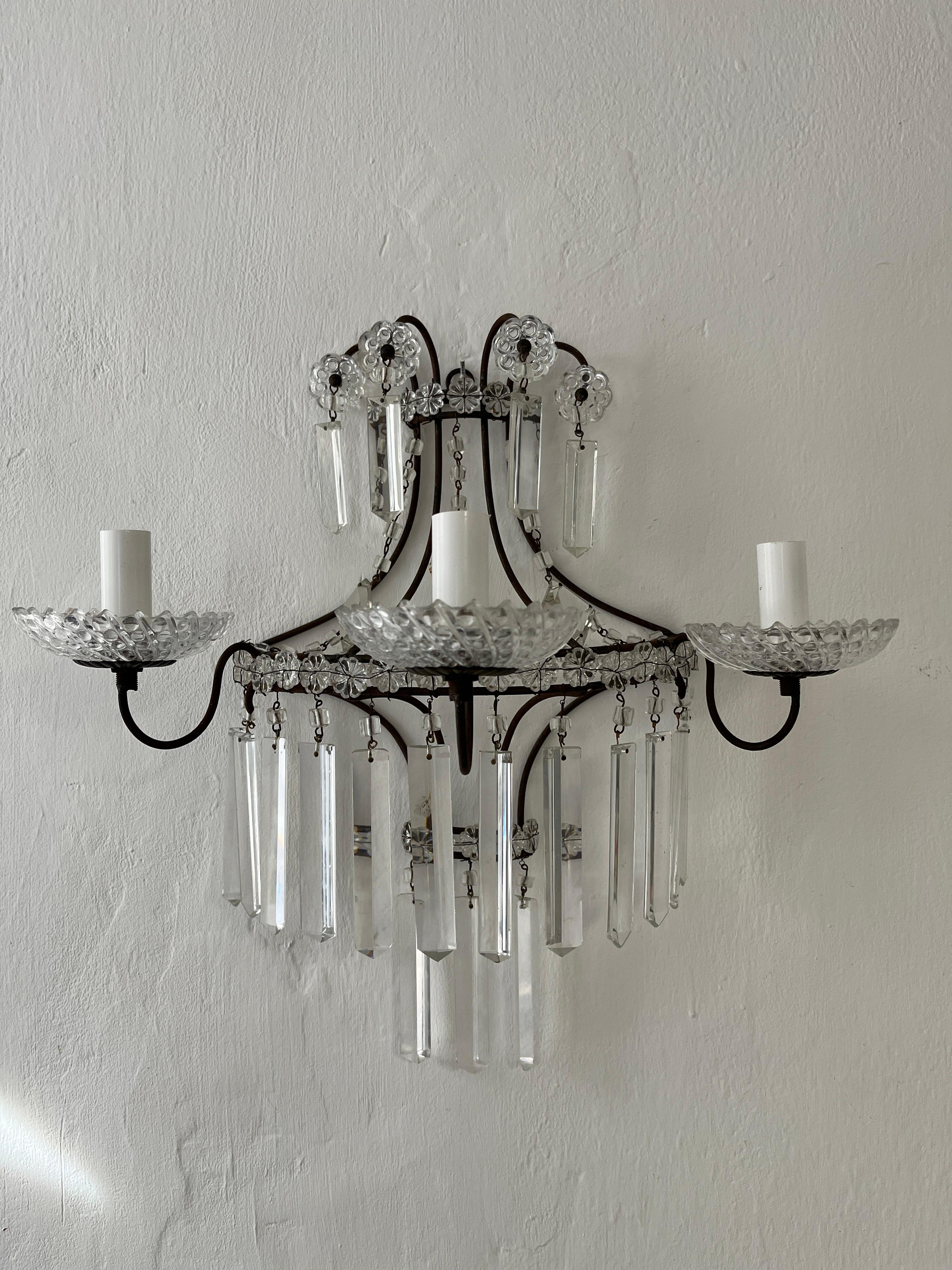 Early 20th Century French Crystal Prisms 3 Light Extremely Old and Stunning Sconces c 1900 For Sale