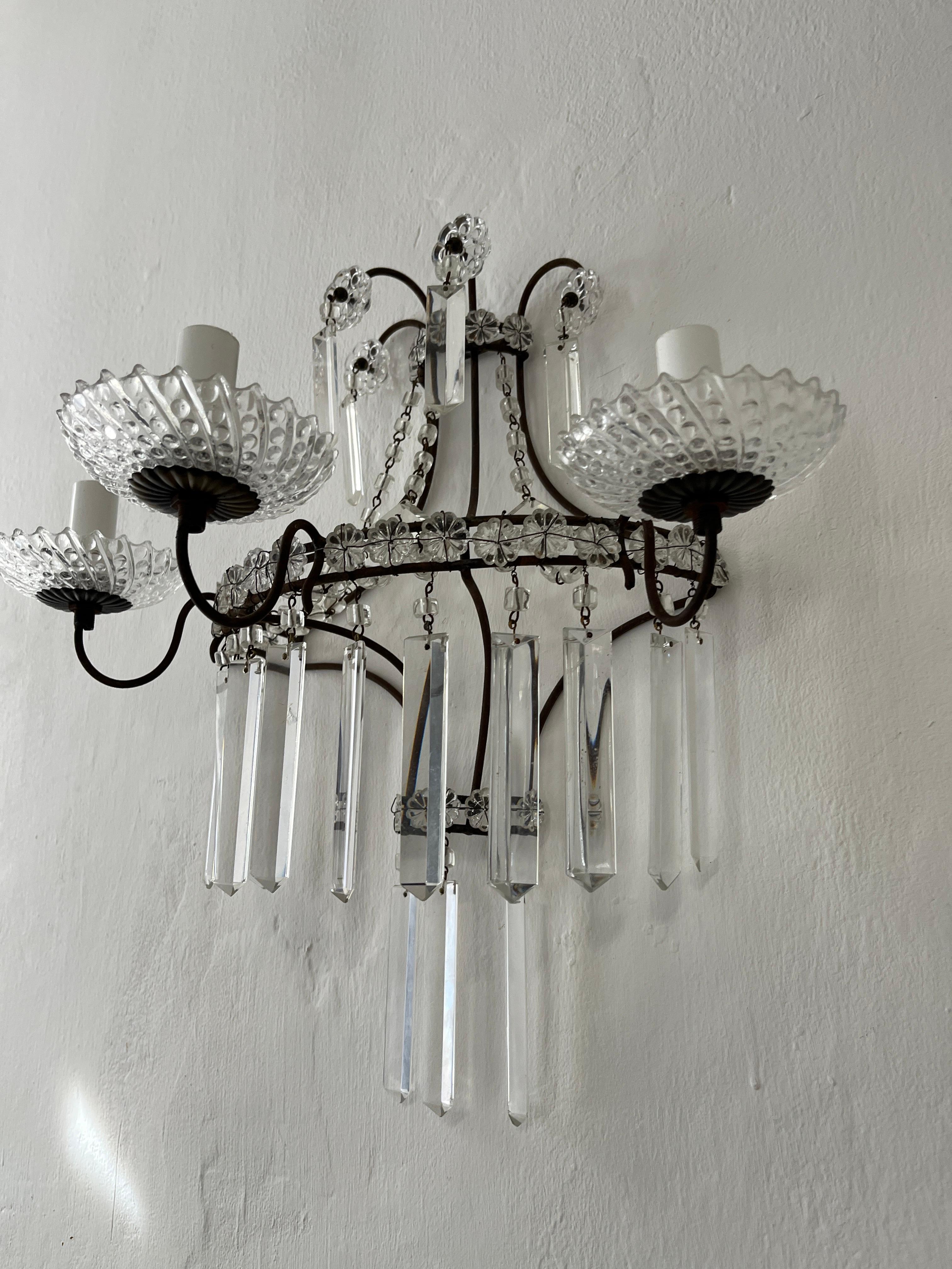 French Crystal Prisms 3 Light Extremely Old and Stunning Sconces c 1900 For Sale 1