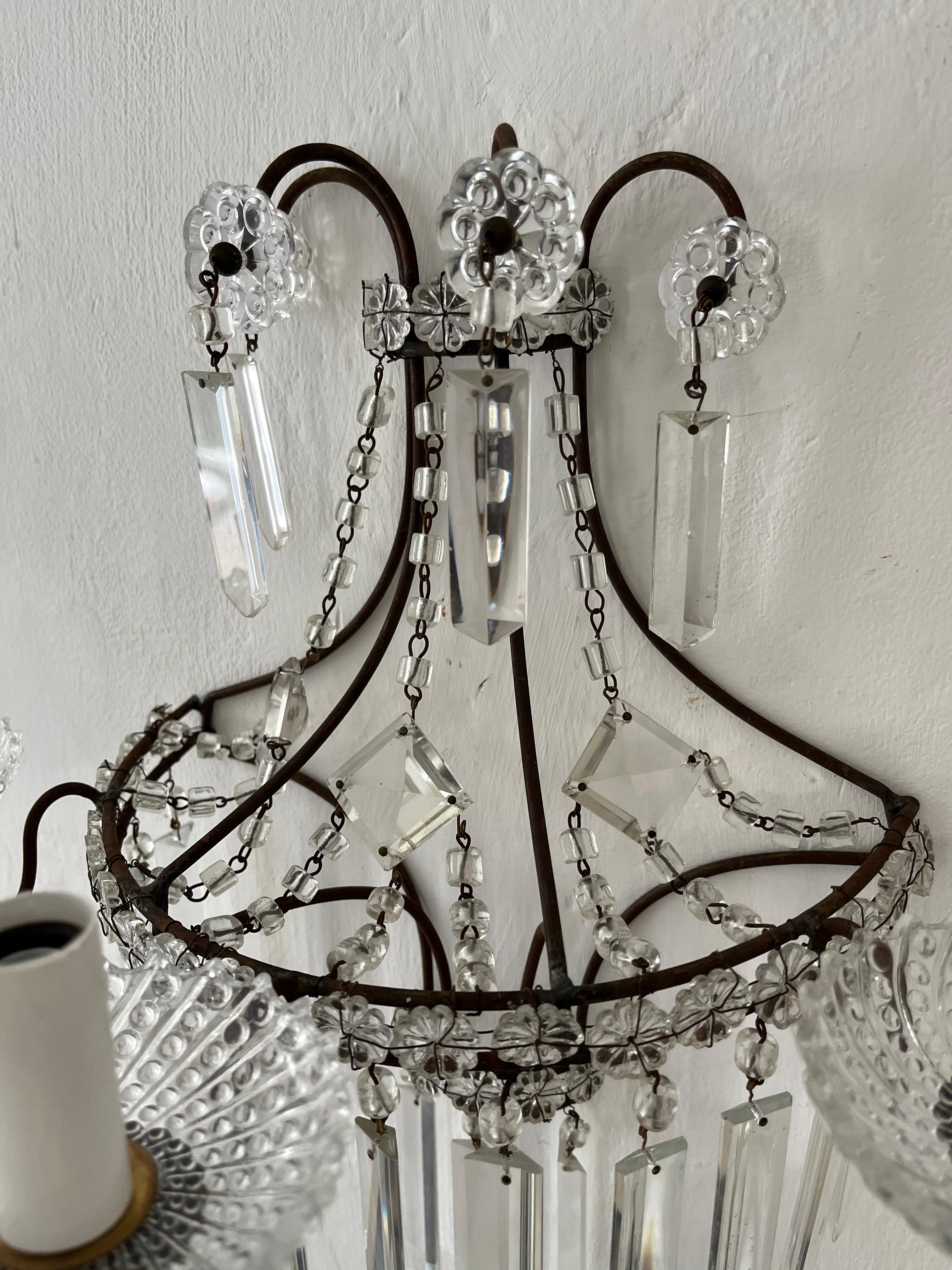 French Crystal Prisms 3 Light Extremely Old and Stunning Sconces c 1900 For Sale 2