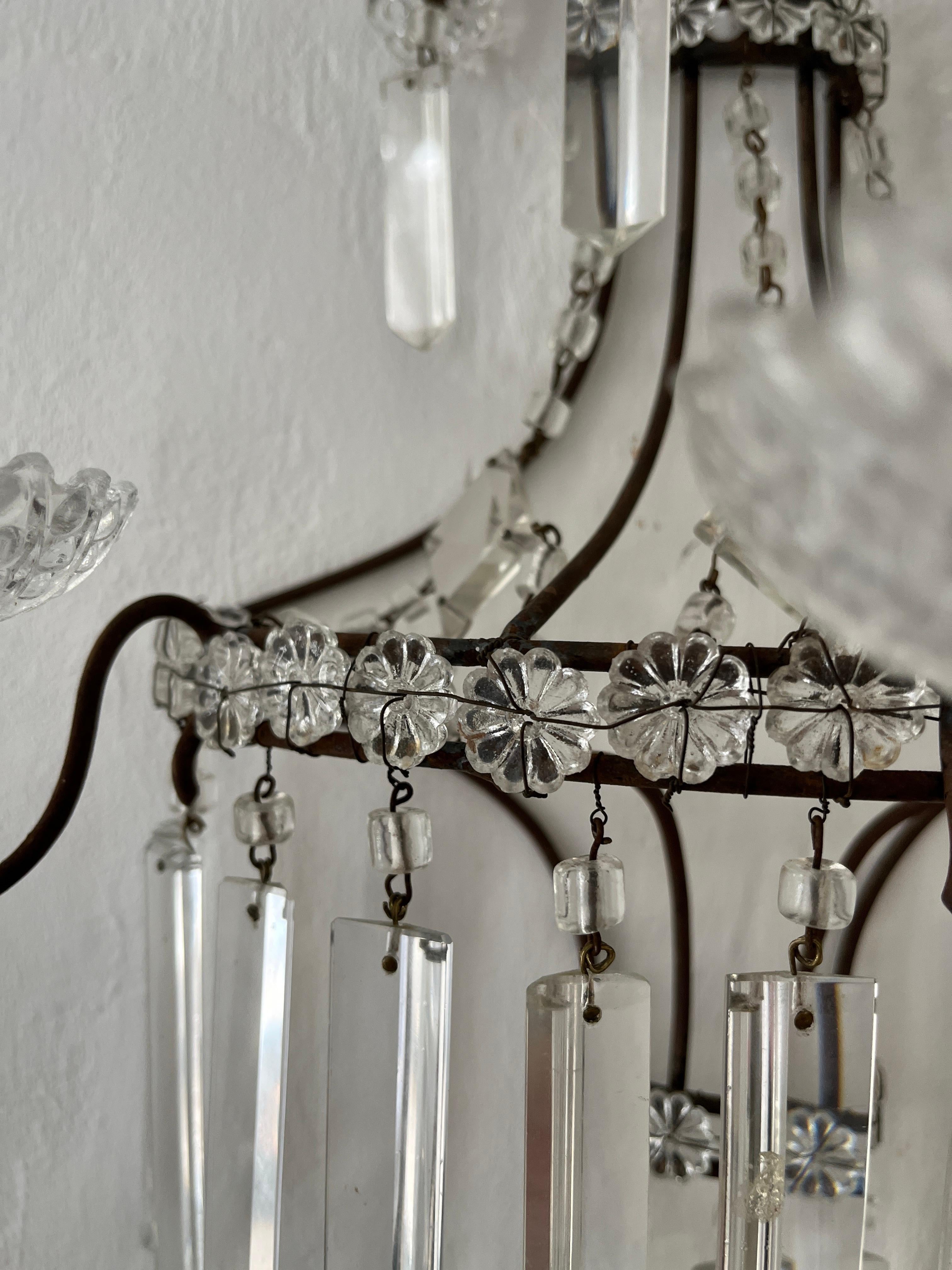 French Crystal Prisms 3 Light Extremely Old and Stunning Sconces c 1900 For Sale 3