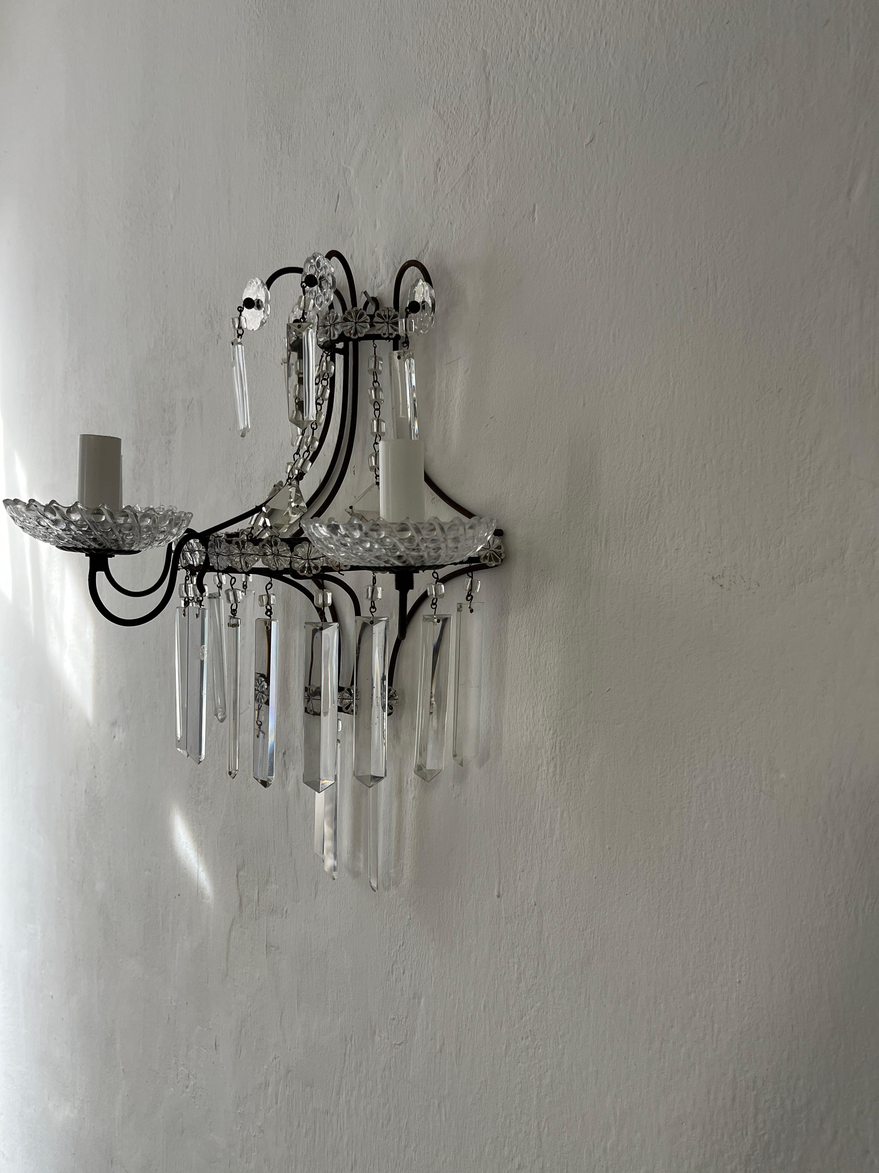 French Crystal Prisms 3 Light Extremely Old and Stunning Sconces c 1900 For Sale 4