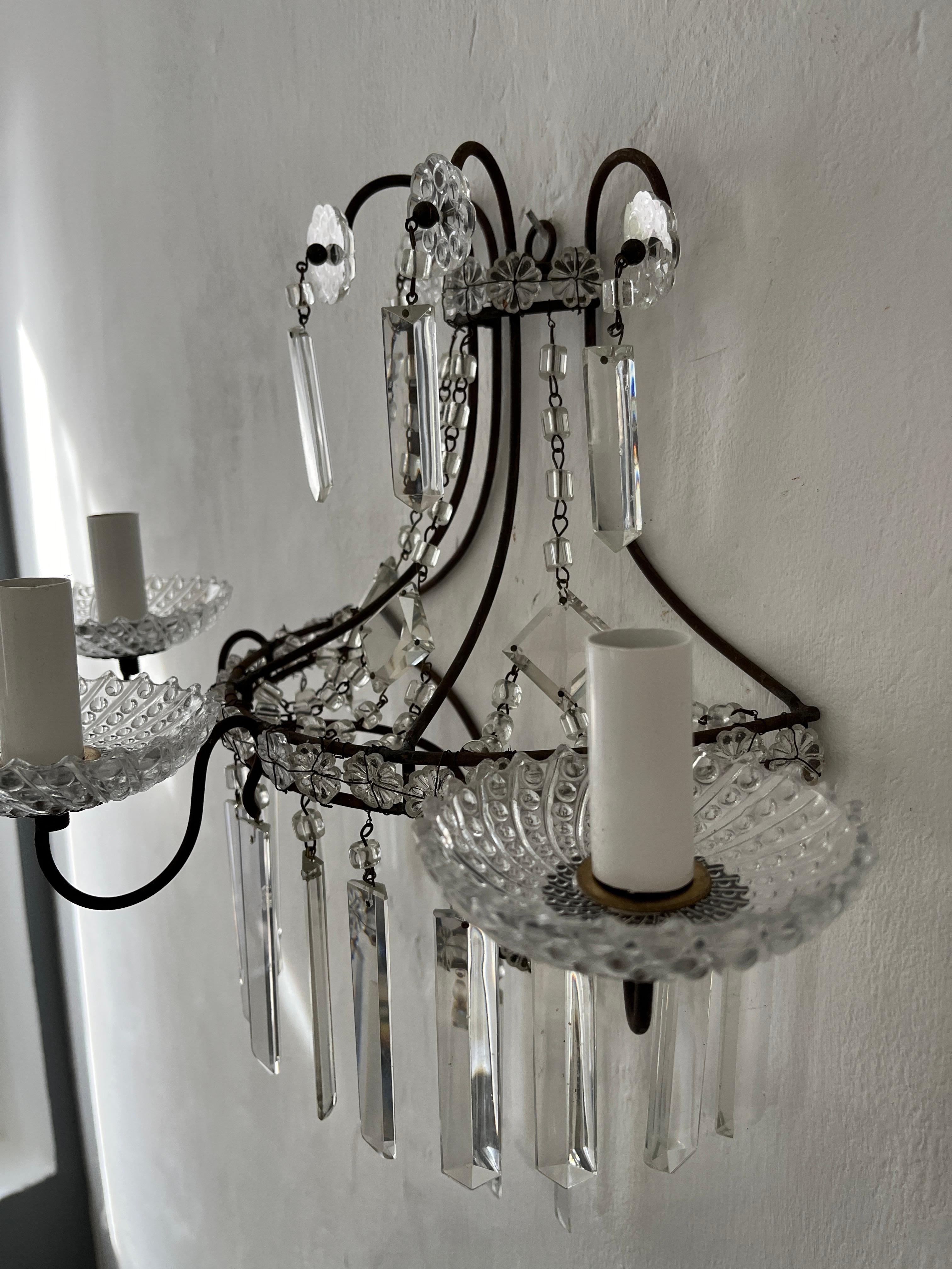French Crystal Prisms 3 Light Extremely Old and Stunning Sconces c 1900 For Sale 5