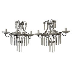 Appliques à prismes en cristal françaises 3 lumières extrêmement anciennes et étonnantes, vers 1900