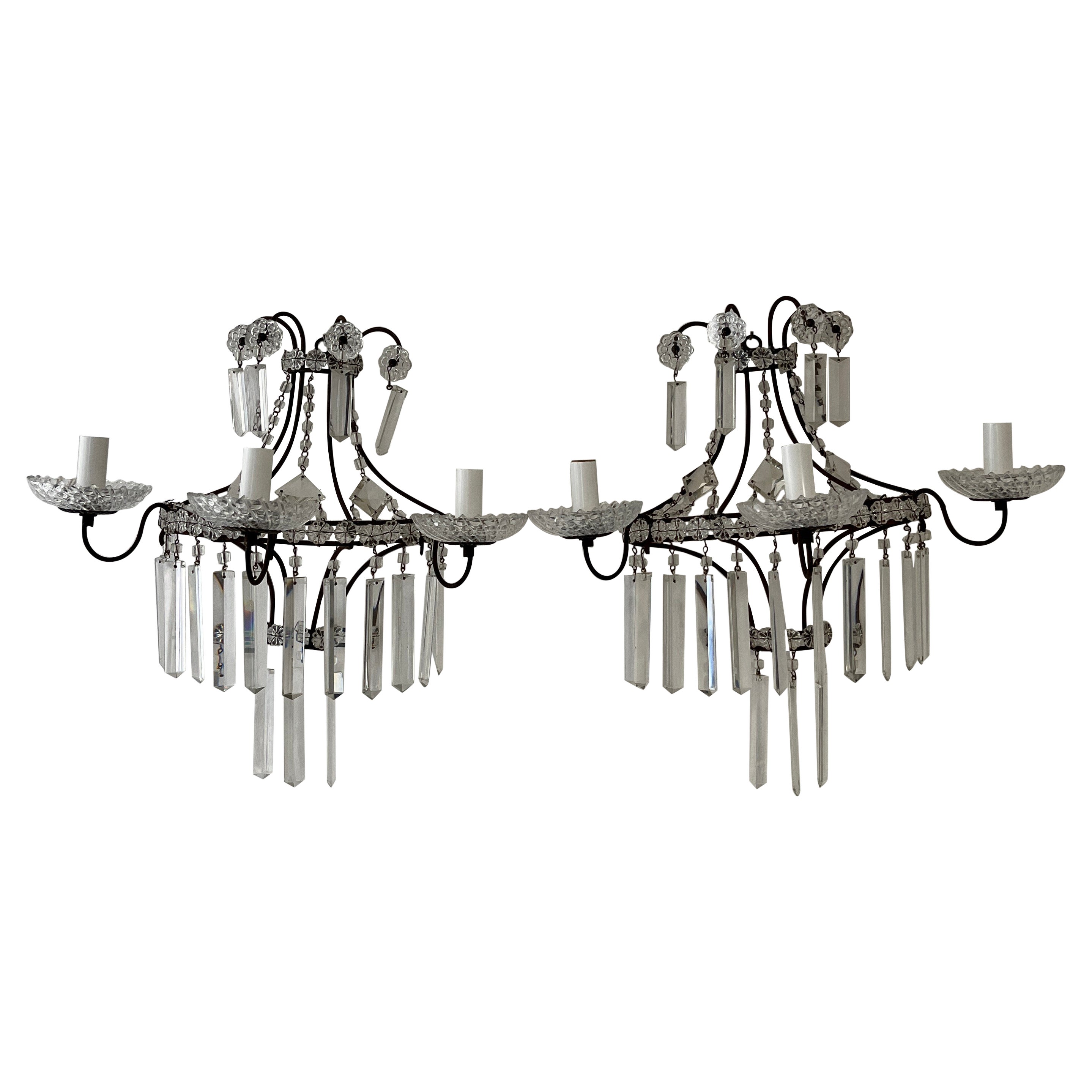 French Crystal Prisms 3 Light Extremely Old and Stunning Sconces c 1900 For Sale