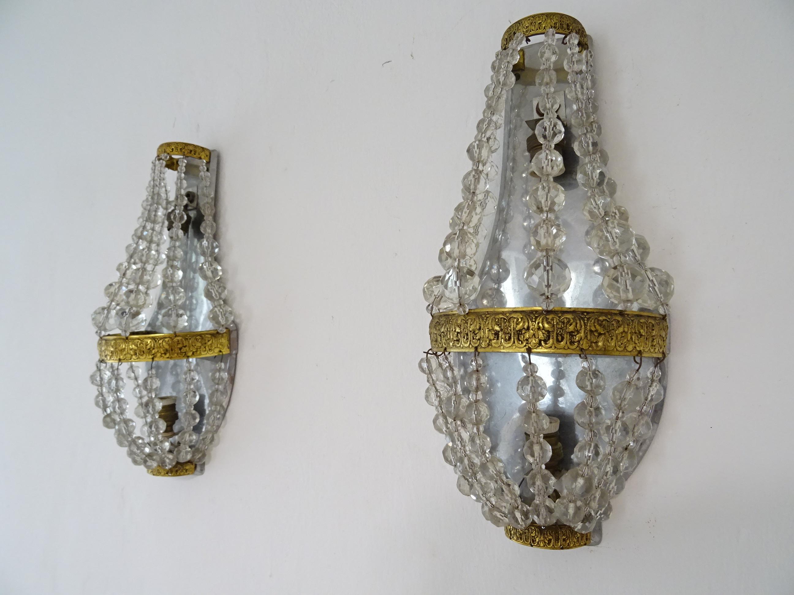 Housing two lights each, will be rewired with certified UL US socket for the USA and certified socket for other countries and ready to hang. Bronze top, middle and bottom with great detail and patina. Adorning crystal beads throughout. I have never