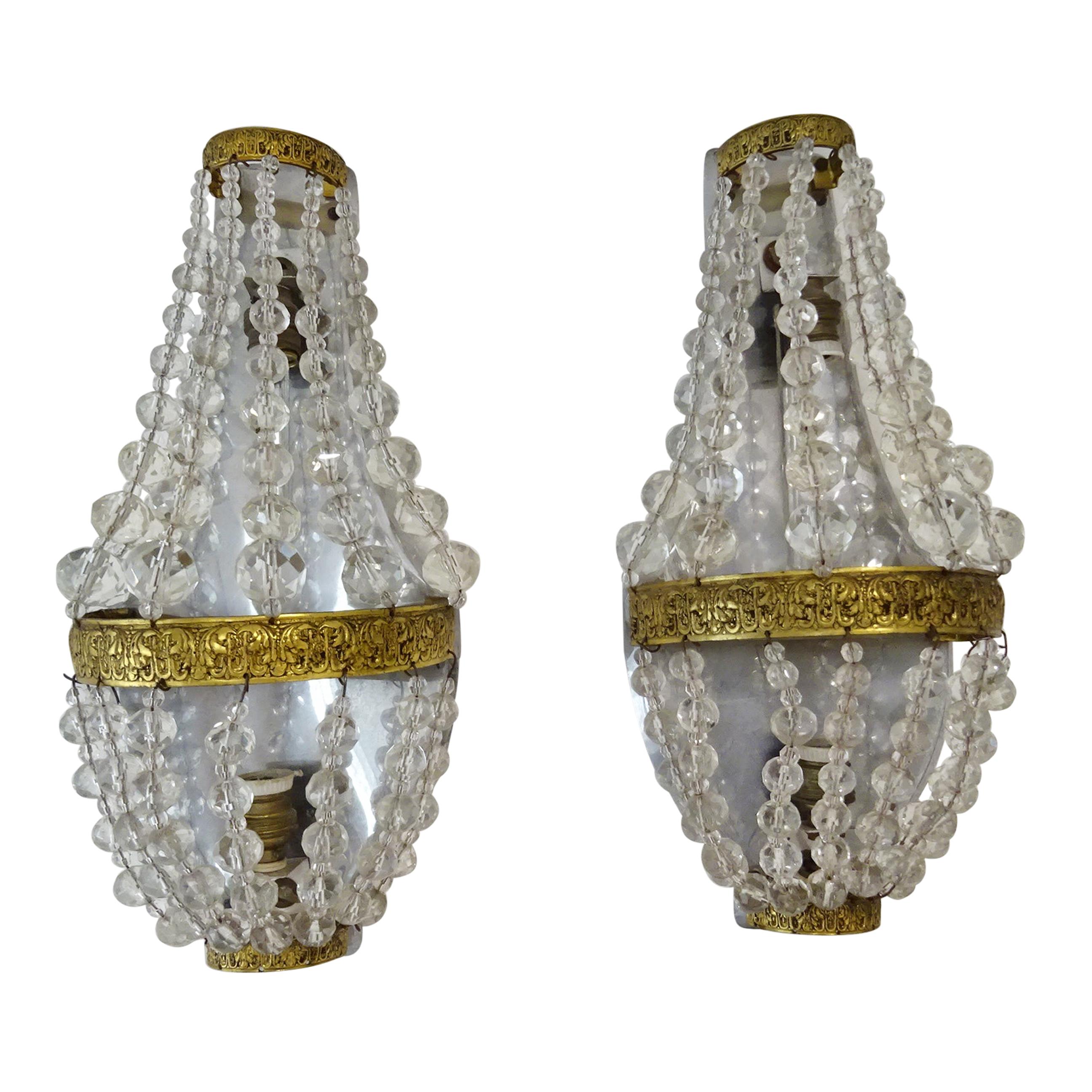French Crystal Prisms Empire Sconces, circa 1930 For Sale