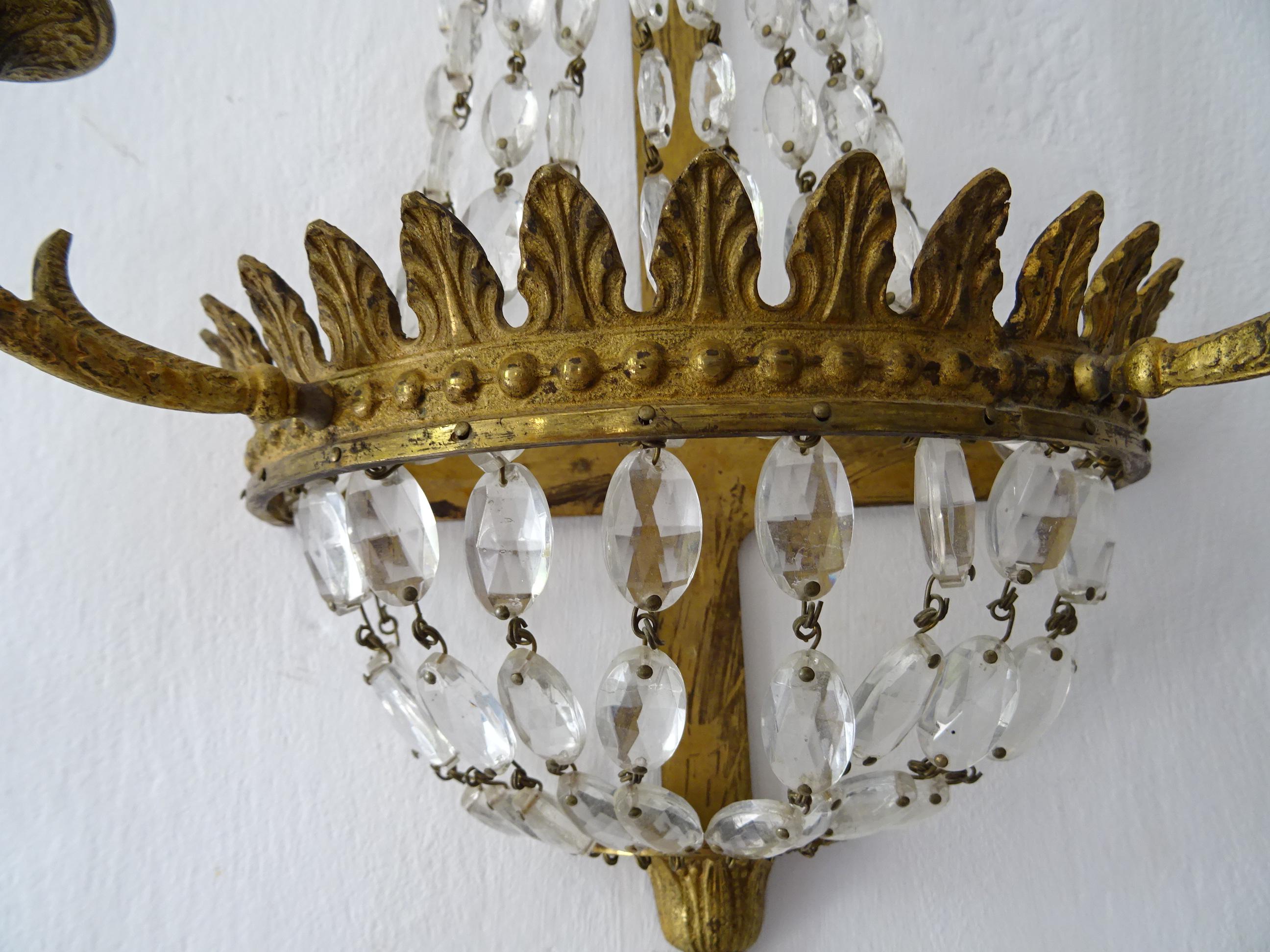  French Crystal Rare Oval Prisms Bronze Empire Sconces, circa 1850 For Sale 1