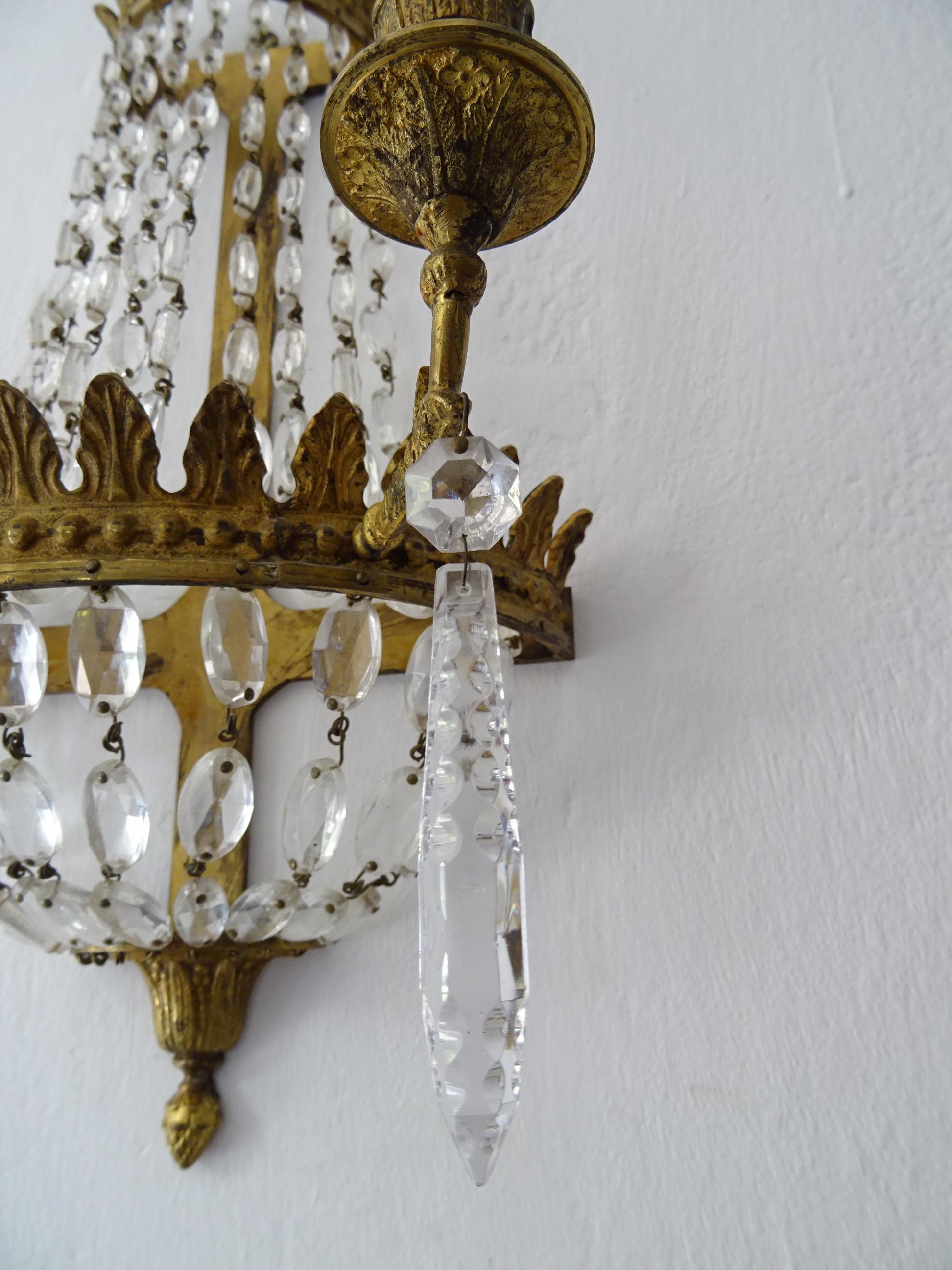  French Crystal Rare Oval Prisms Bronze Empire Sconces, circa 1850 For Sale 2