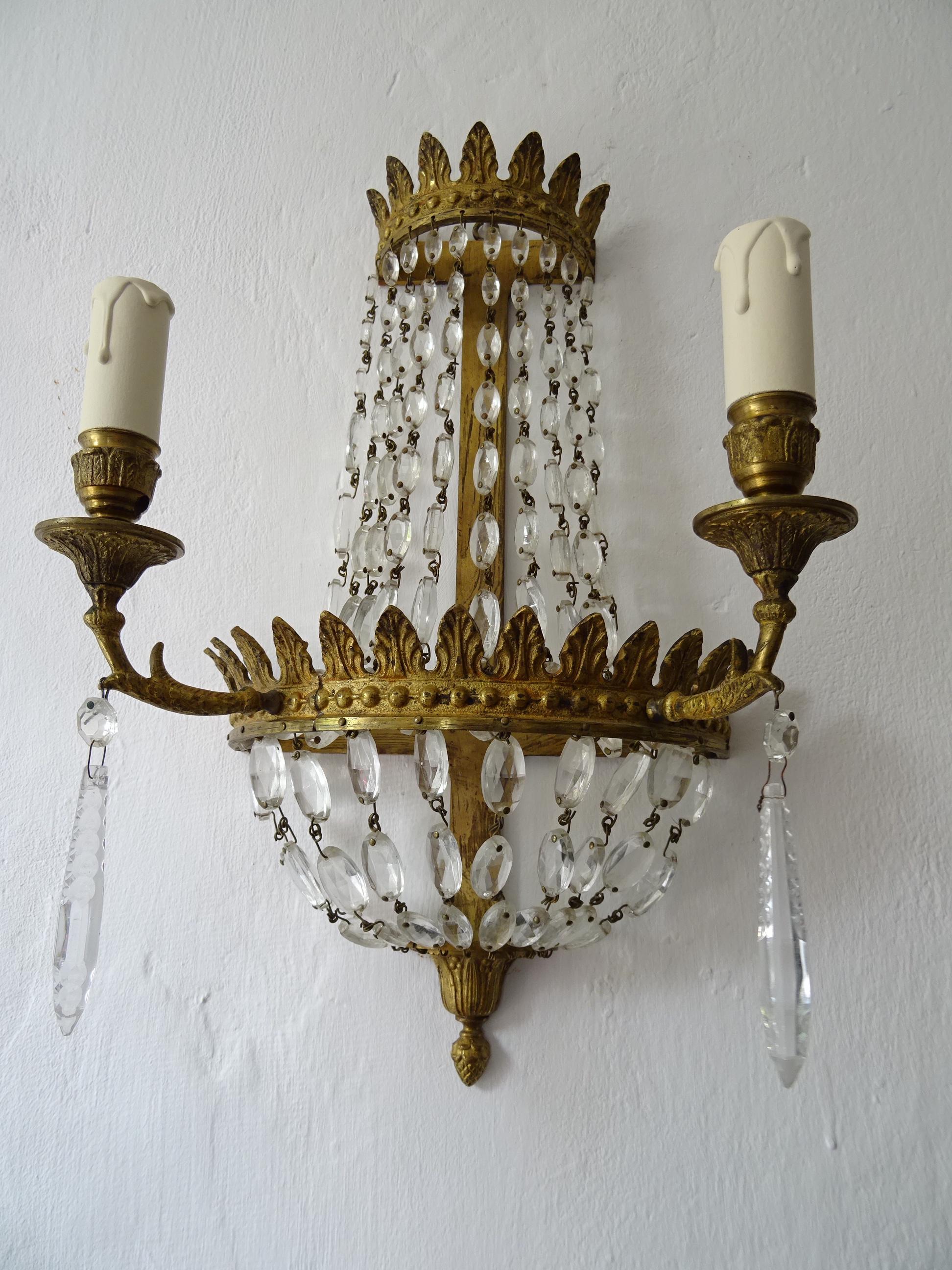  French Crystal Rare Oval Prisms Bronze Empire Sconces, circa 1850 For Sale 3