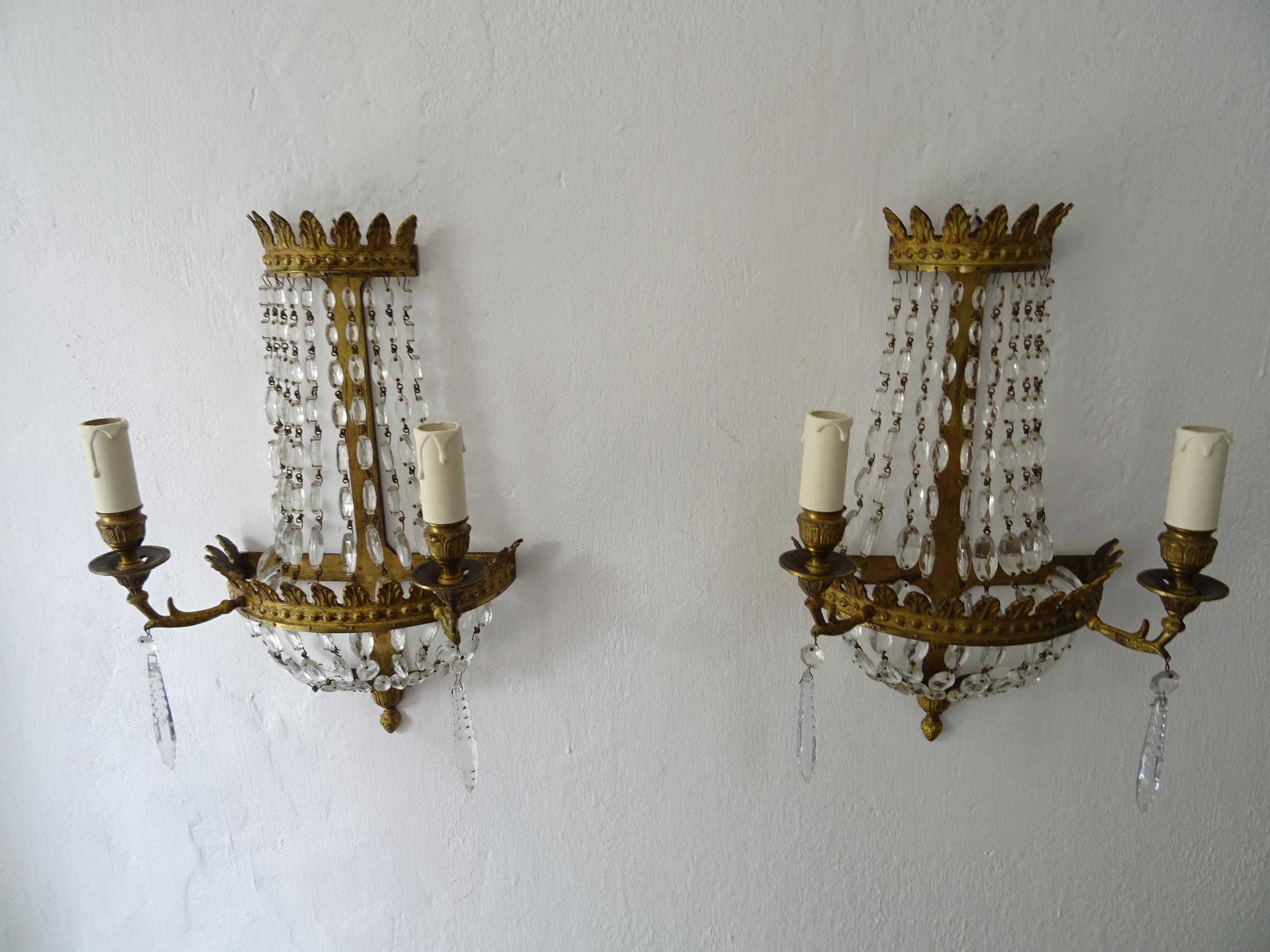  French Crystal Rare Oval Prisms Bronze Empire Sconces, circa 1850 For Sale 4
