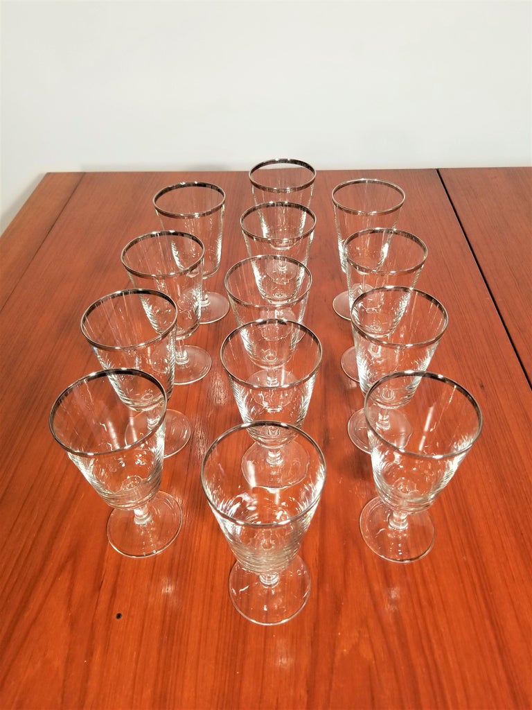 French Crystal Silver Rimmed Goblets / Stemware 13 Piece Set For Sale