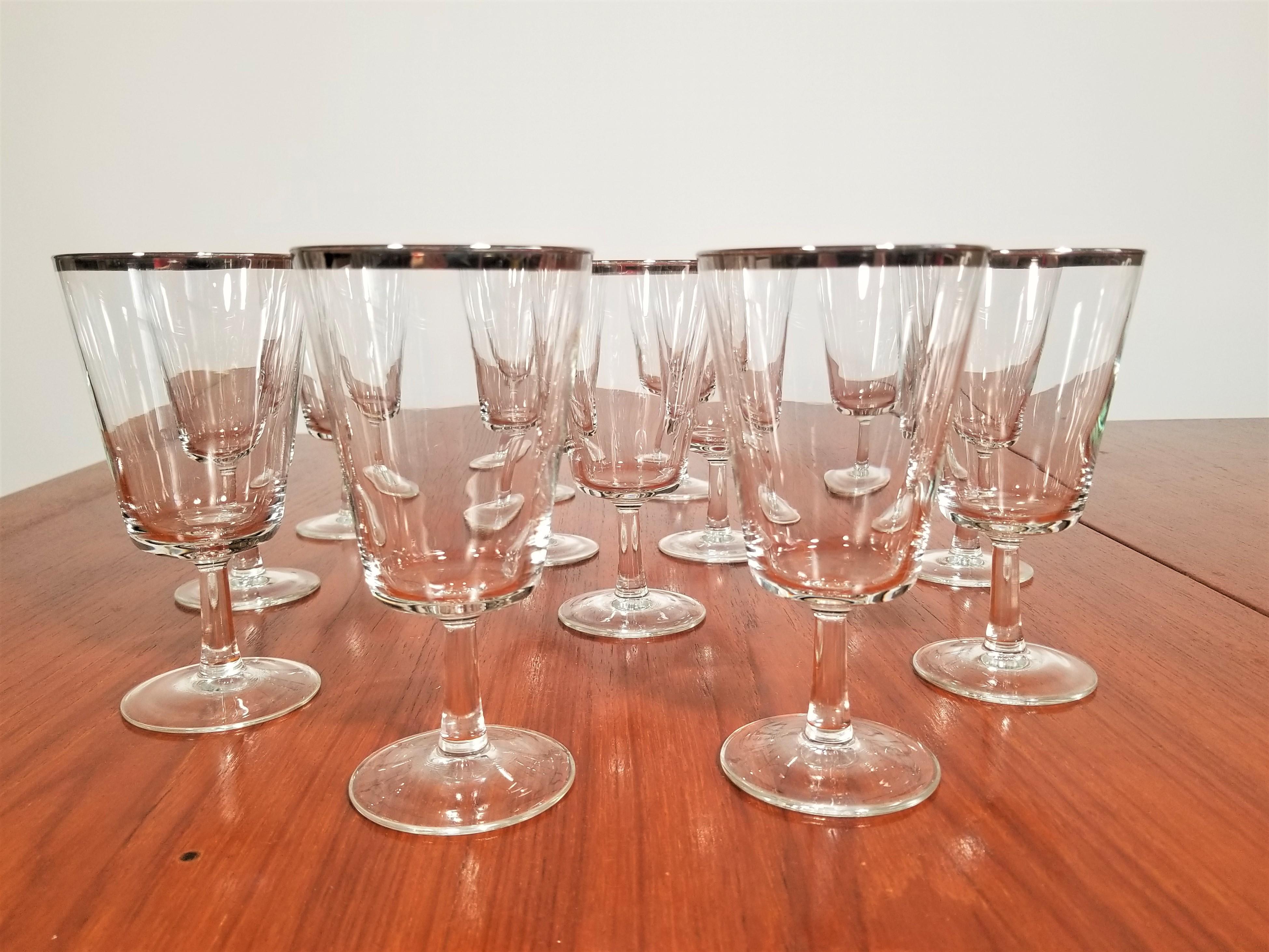20th Century French Crystal Silver Rimmed Goblets / Stemware 13 Piece Set
