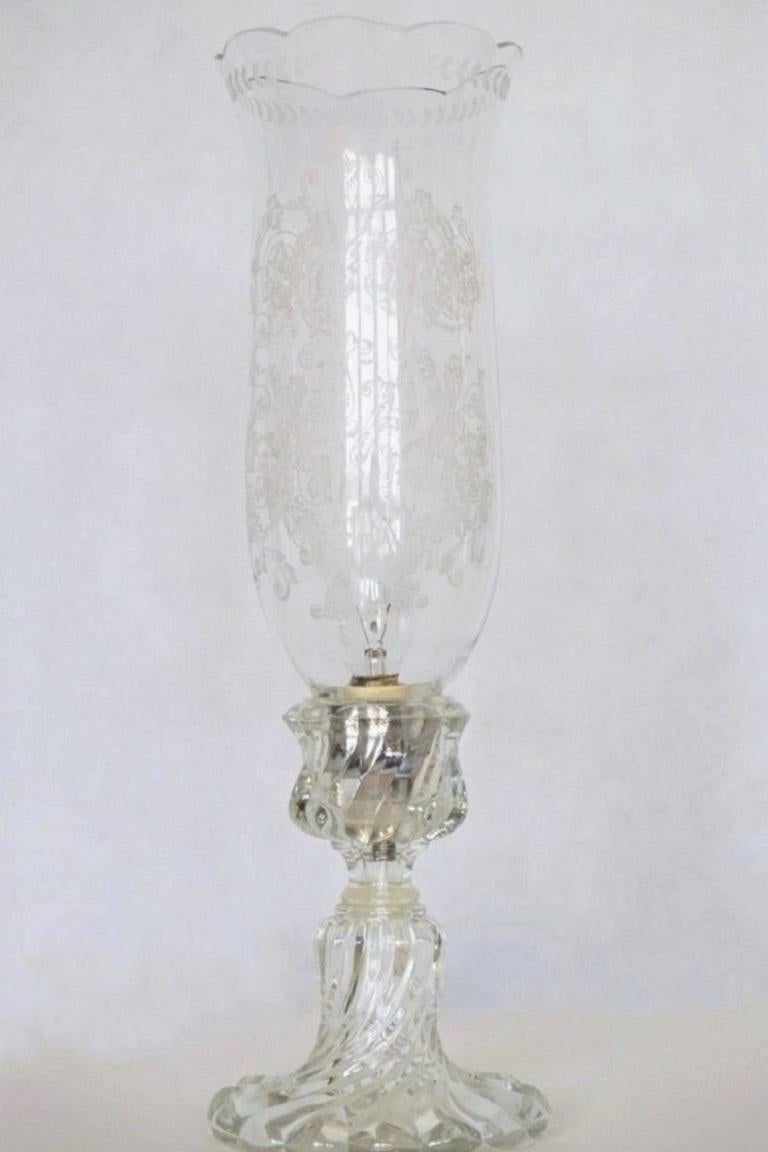 A very elegant clear crystal table lamp with a tall Baccarat engraved tulipe, France, 1980-1990. This beautiful table lamp is in very good condition, no chips or cracks, rewired.
One E-14 light socket with candle cover
Measures: Height 16.25