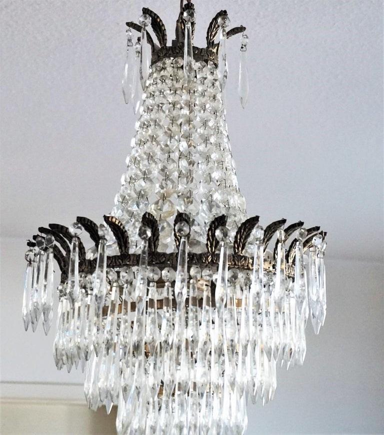 Art Deco French Crystal Waterfall Chandelier Bronze Mounted For Sale